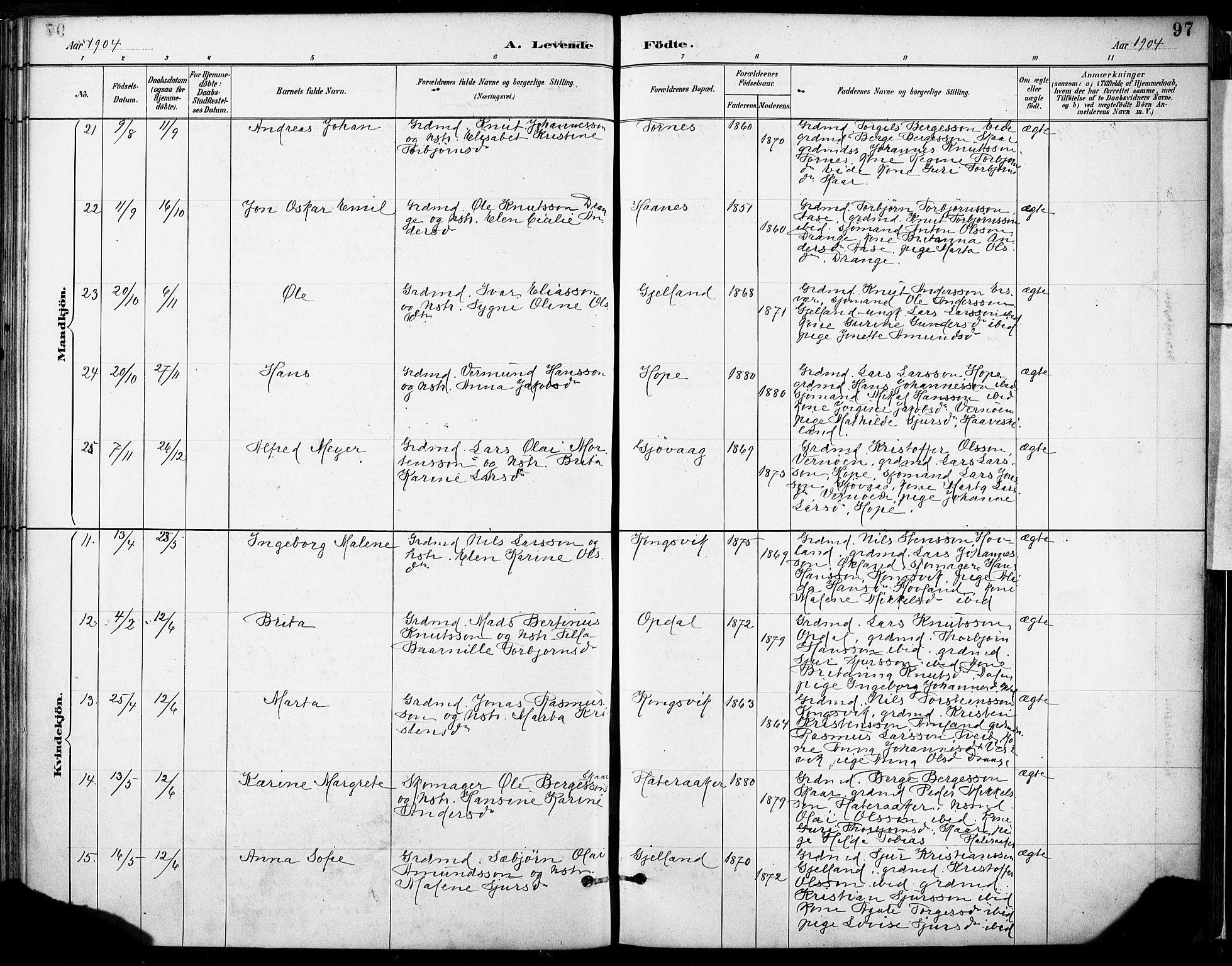 Tysnes sokneprestembete, AV/SAB-A-78601/H/Haa: Parish register (official) no. D 1, 1887-1904, p. 97