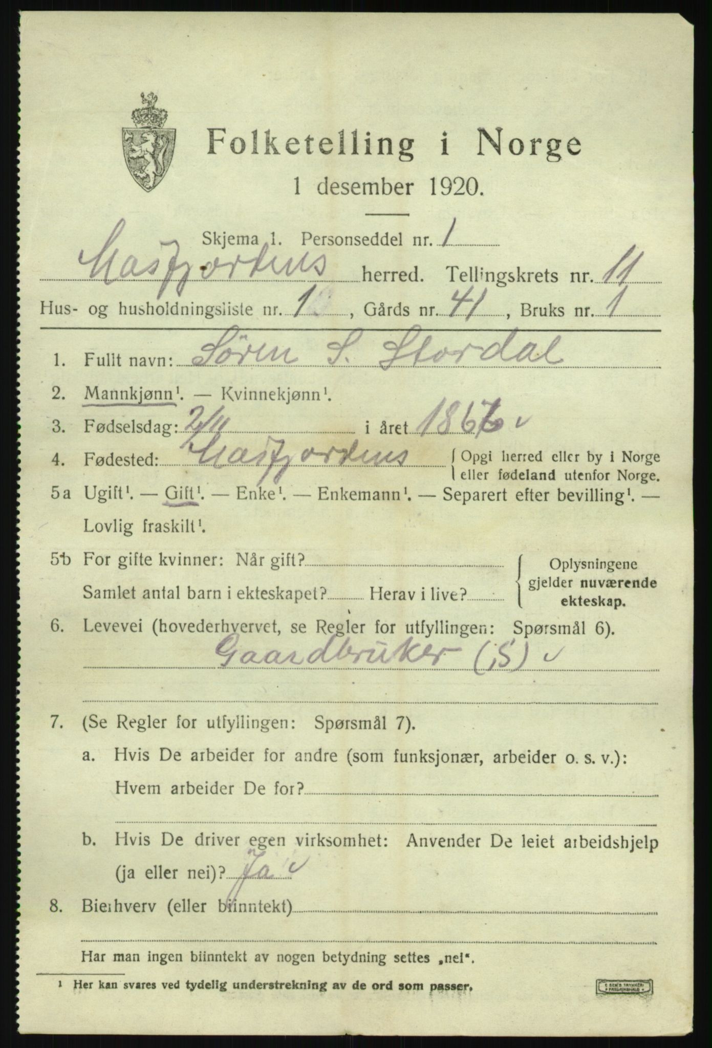 SAB, 1920 census for Masfjorden, 1920, p. 4121