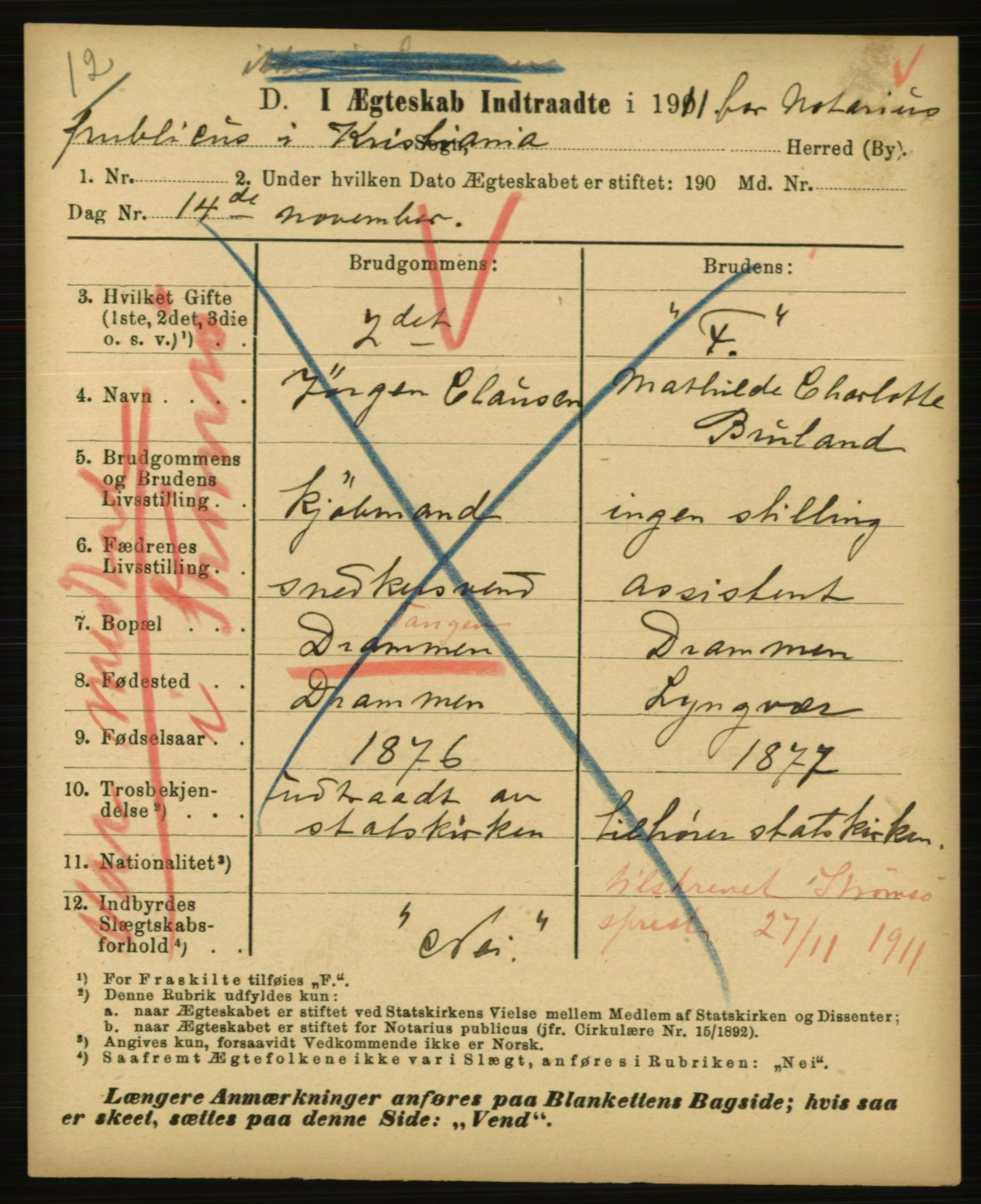 Statistisk sentralbyrå, Sosiodemografiske emner, Befolkning, AV/RA-S-2228/E/L0009: Fødte, gifte, døde dissentere., 1911, p. 2255