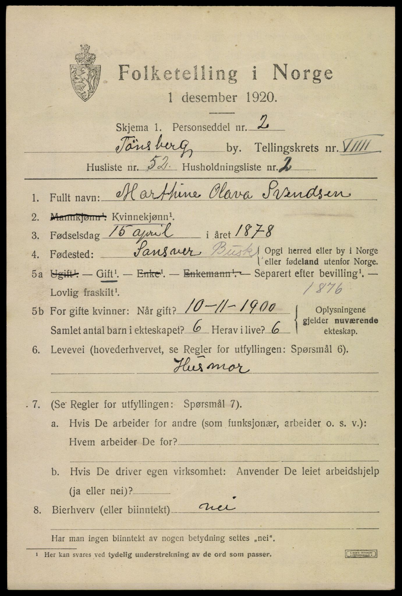 SAKO, 1920 census for Tønsberg, 1920, p. 18199