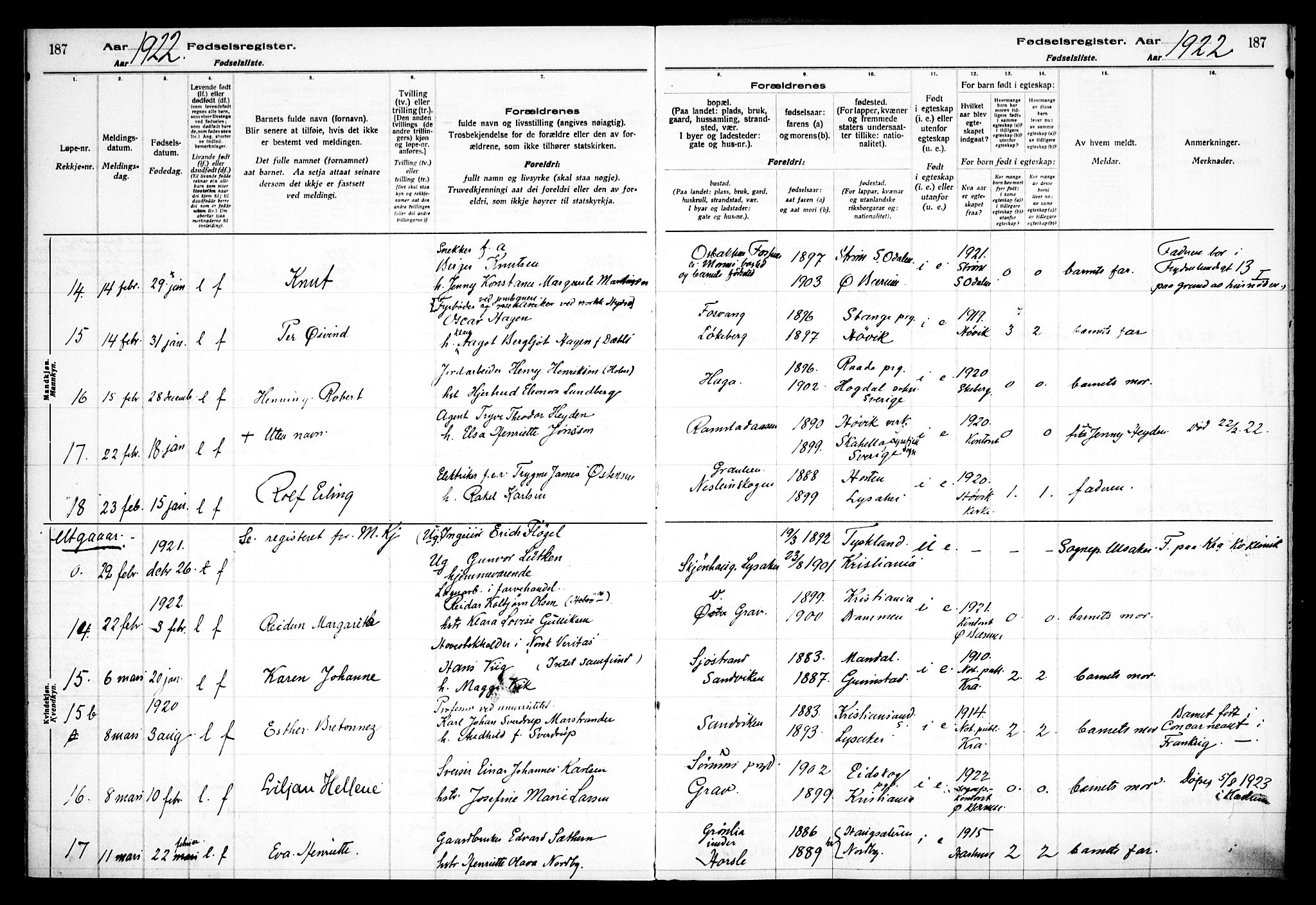 Østre Bærum prestekontor Kirkebøker, AV/SAO-A-10887/J/Ja/L0001: Birth register no. 1, 1916-1922, p. 187