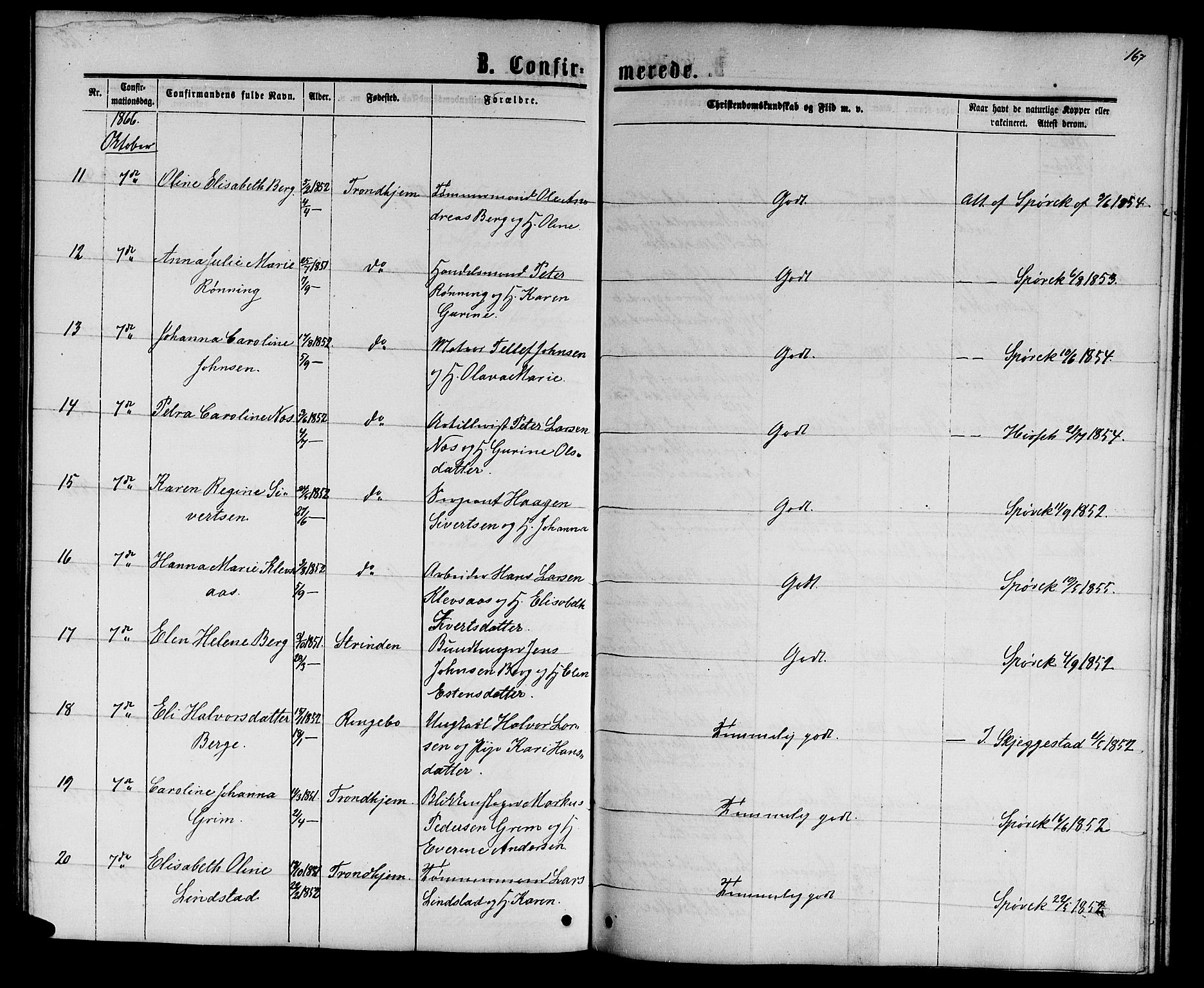 Ministerialprotokoller, klokkerbøker og fødselsregistre - Sør-Trøndelag, SAT/A-1456/601/L0087: Parish register (copy) no. 601C05, 1864-1881, p. 167