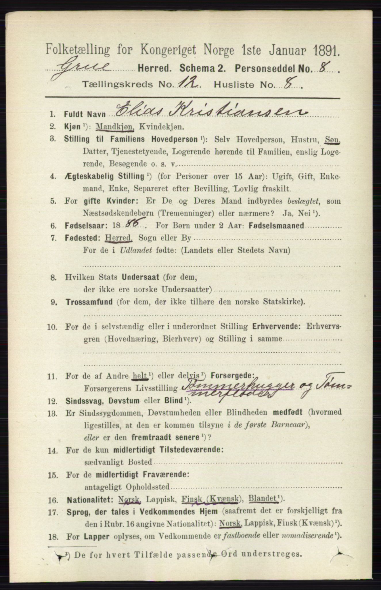 RA, 1891 census for 0423 Grue, 1891, p. 6165