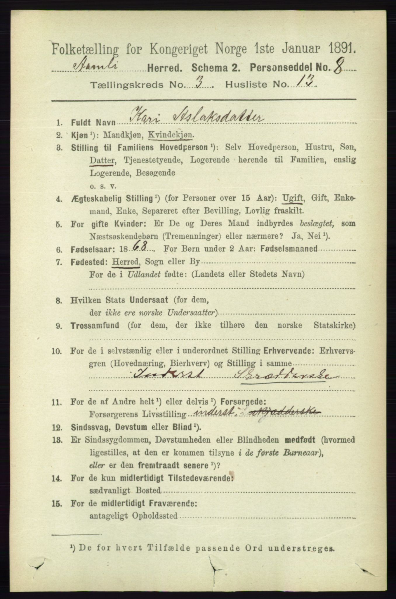 RA, 1891 census for 0929 Åmli, 1891, p. 397