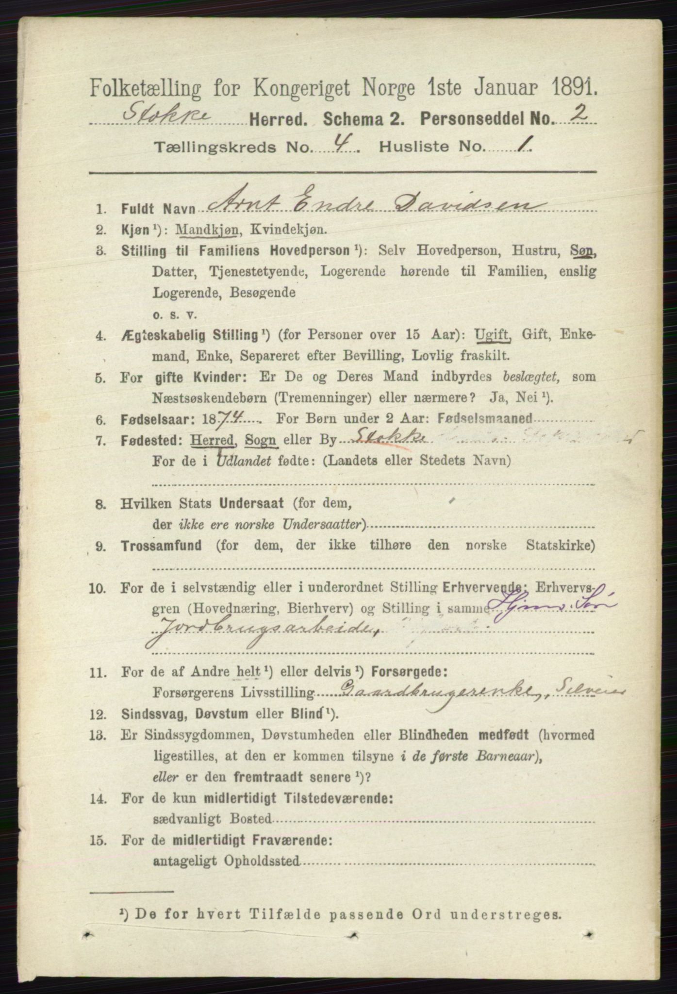 RA, 1891 census for 0720 Stokke, 1891, p. 2443