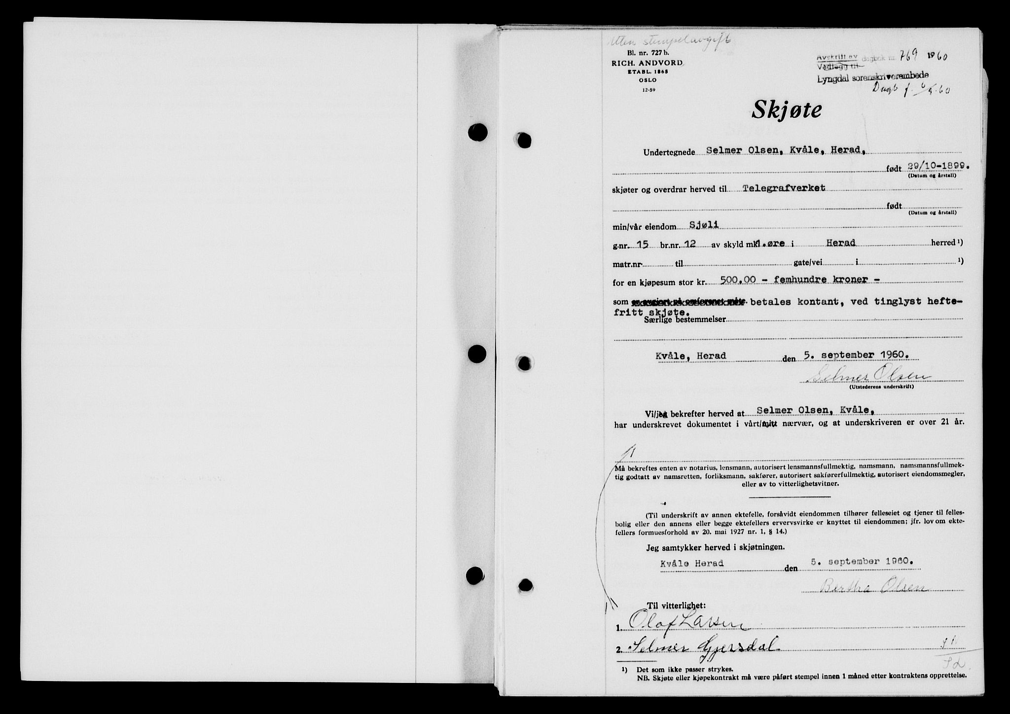 Lyngdal sorenskriveri, AV/SAK-1221-0004/G/Gb/L0680: Mortgage book no. A XXVI, 1960-1960, Diary no: : 769/1960