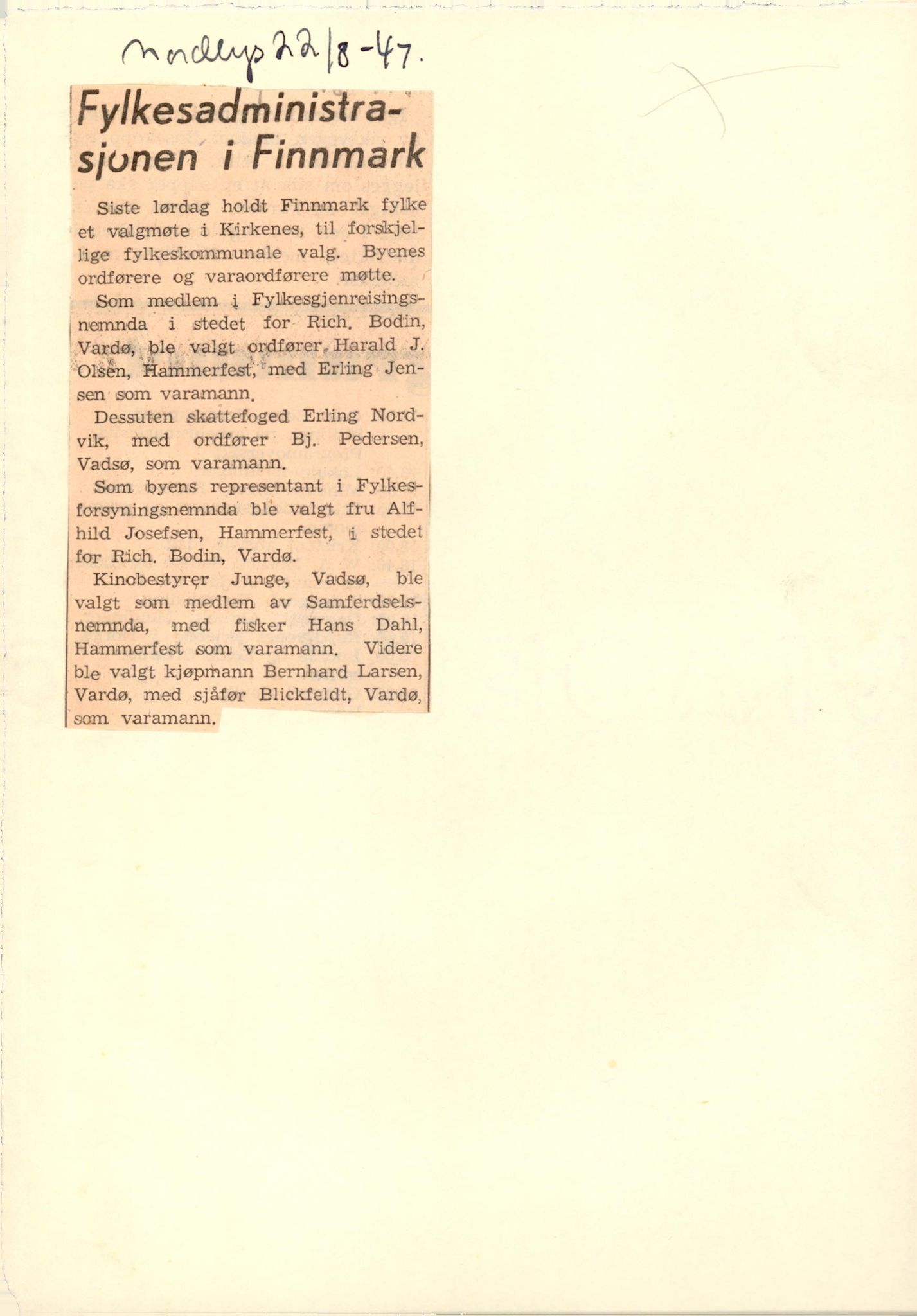 Finnmarkskontorets presse- og opplysningsarkiv , FMFB/A-1198/E/L0003/0004: I Nord-Troms og Finnmark - generelt  / Distriktskontorene, 1945-1949