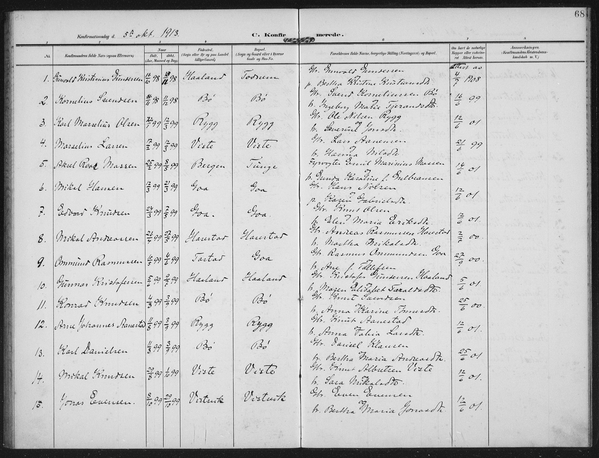 Hetland sokneprestkontor, AV/SAST-A-101826/30/30BA: Parish register (official) no. A 14, 1905-1919, p. 68
