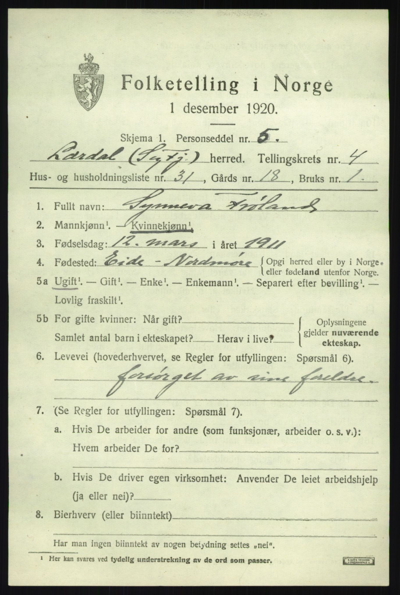 SAB, 1920 census for Lærdal, 1920, p. 2468