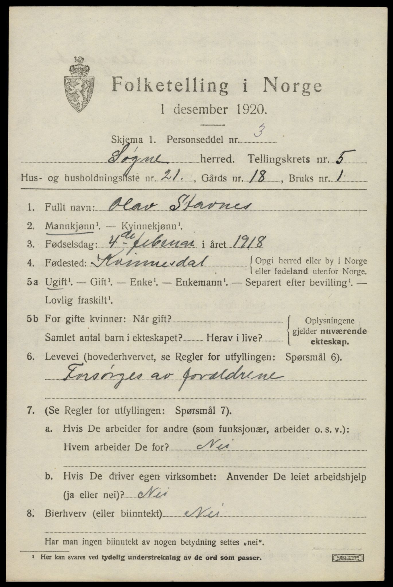 SAK, 1920 census for Søgne, 1920, p. 2461