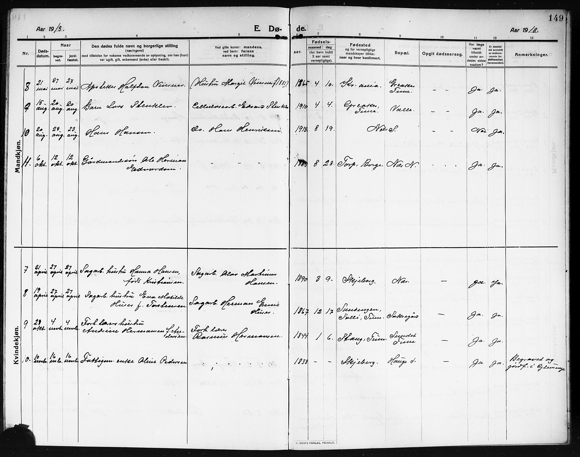 Rolvsøy prestekontor Kirkebøker, AV/SAO-A-2004/G/Ga/L0001: Parish register (copy) no. 1, 1911-1920, p. 149