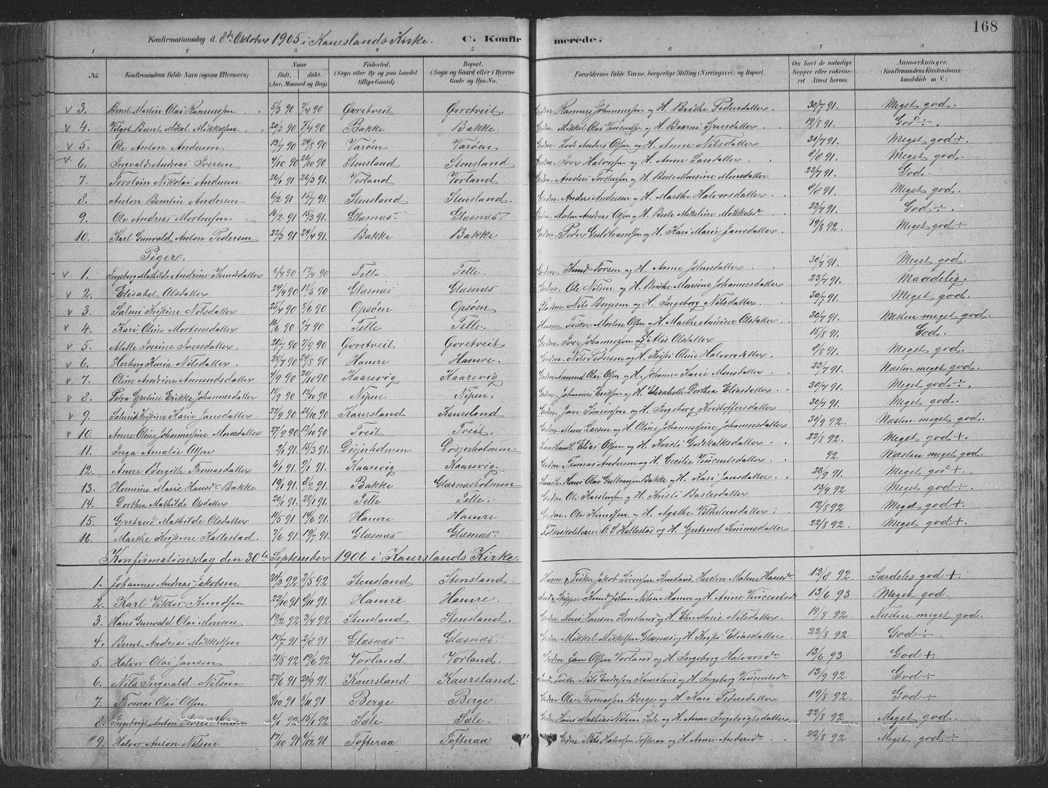 Sund sokneprestembete, SAB/A-99930: Parish register (copy) no. B 3, 1882-1911, p. 168