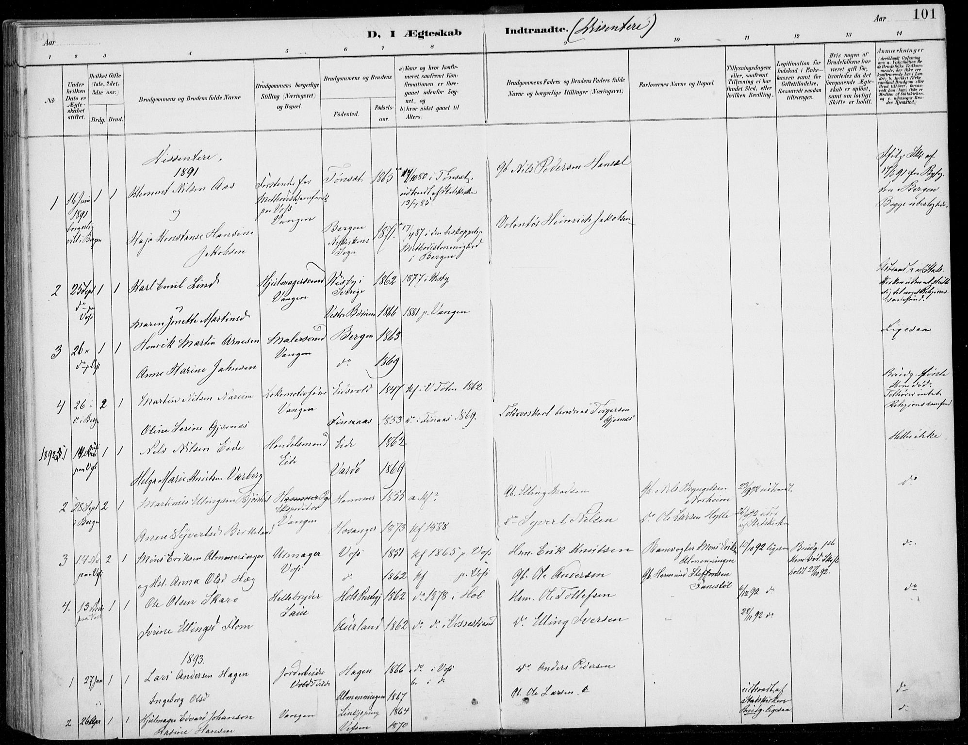 Voss sokneprestembete, SAB/A-79001/H/Haa: Parish register (official) no. C  1, 1887-1915, p. 101