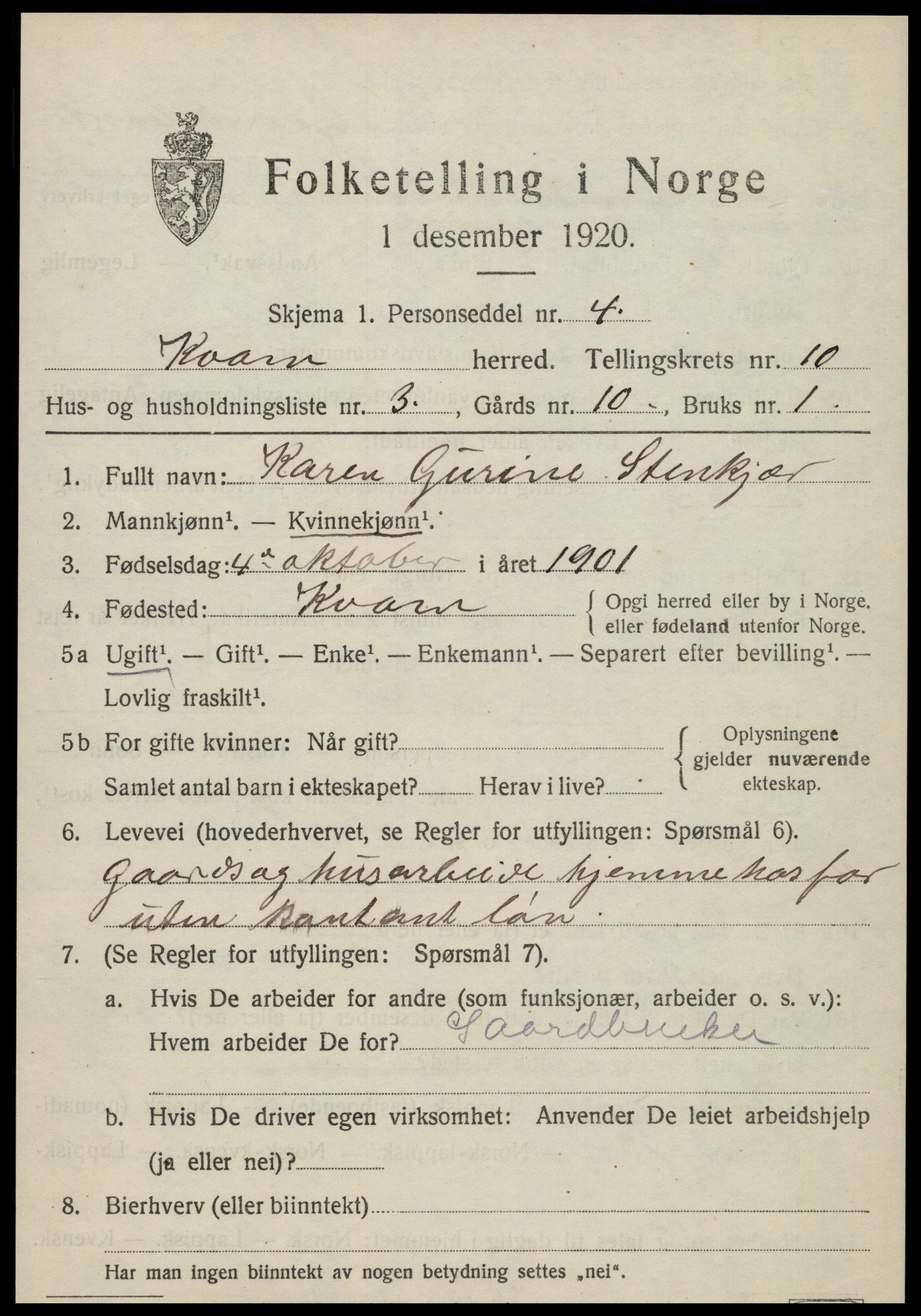 SAT, 1920 census for Kvam, 1920, p. 2535