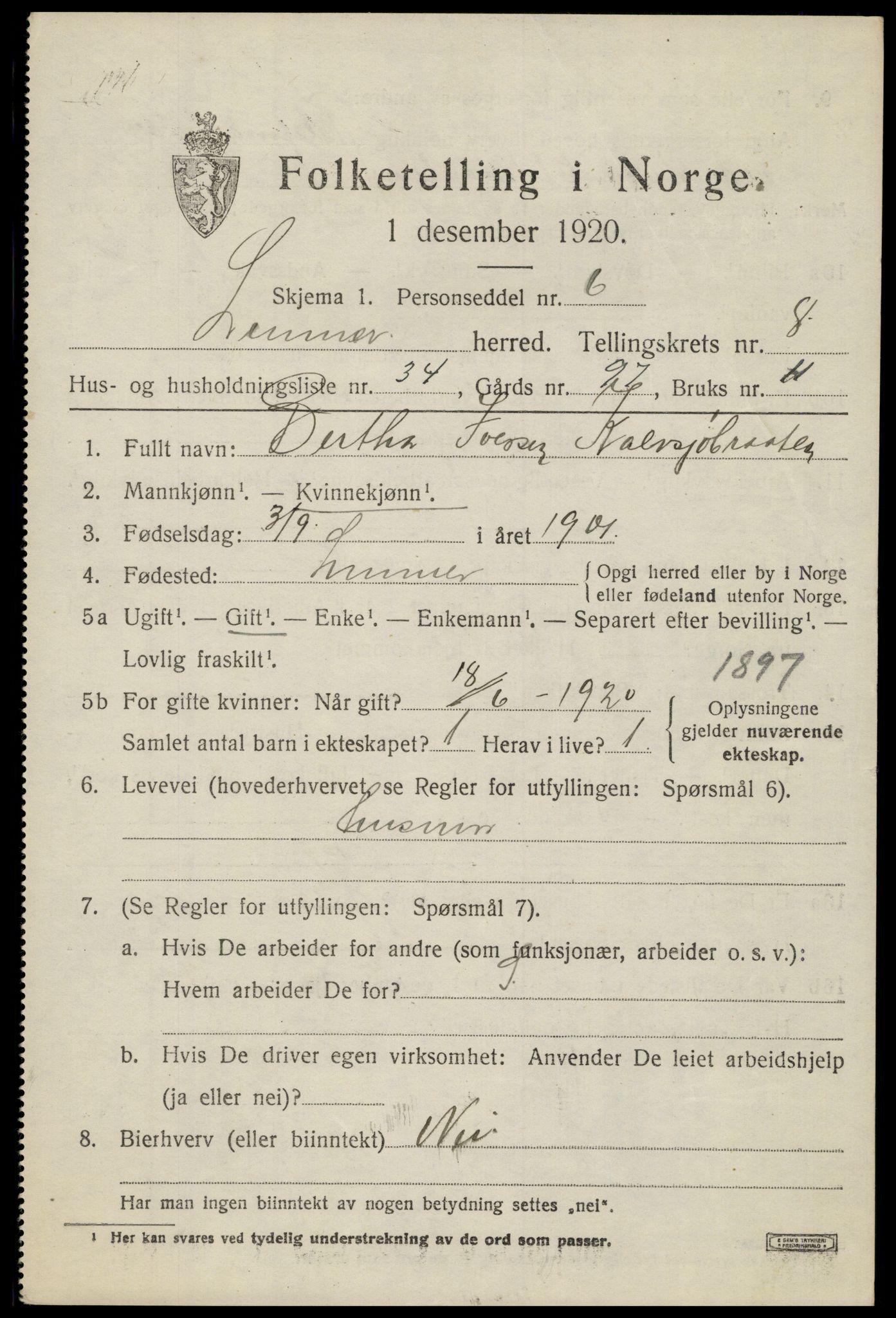 SAH, 1920 census for Lunner, 1920, p. 9443