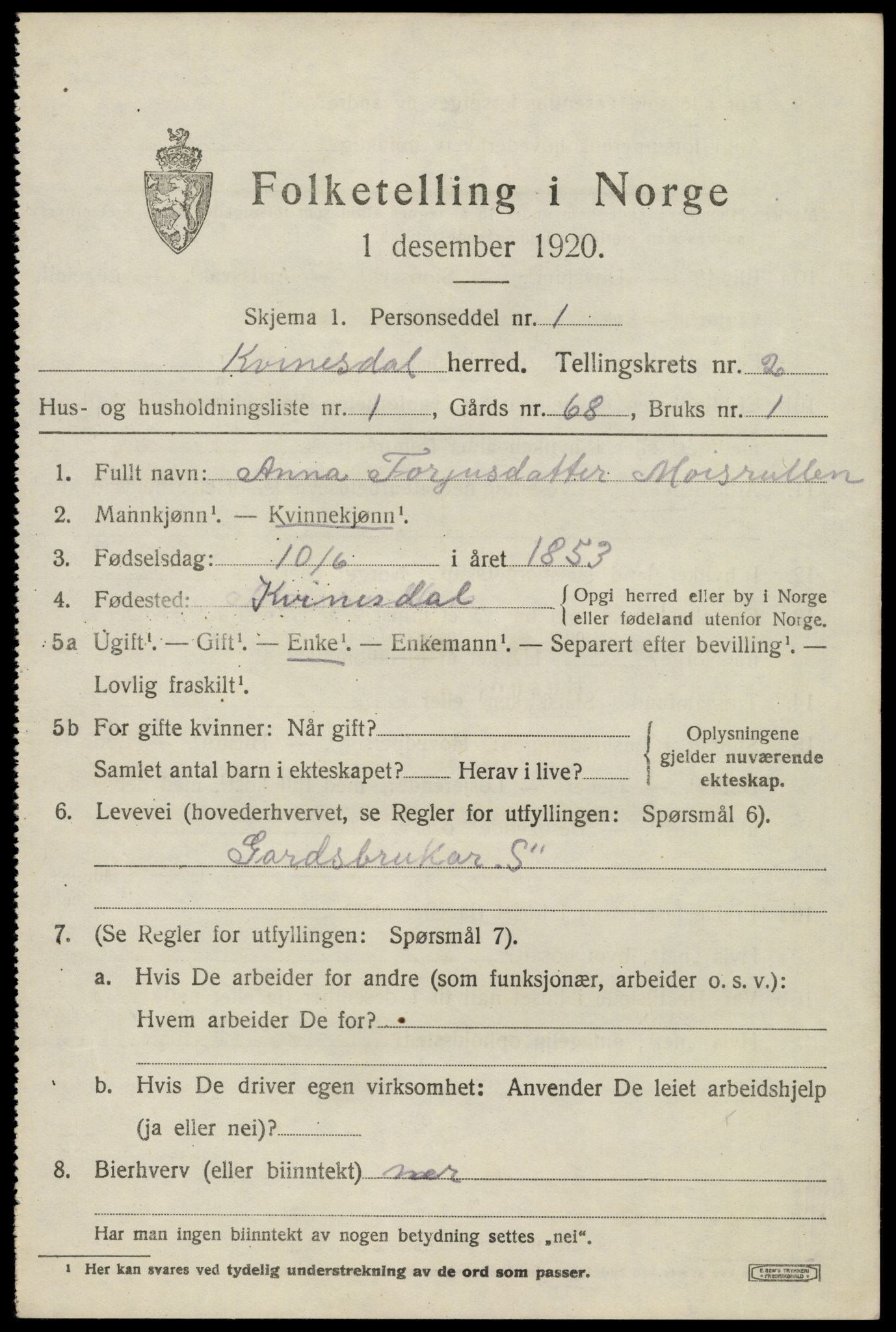 SAK, 1920 census for Kvinesdal, 1920, p. 1939