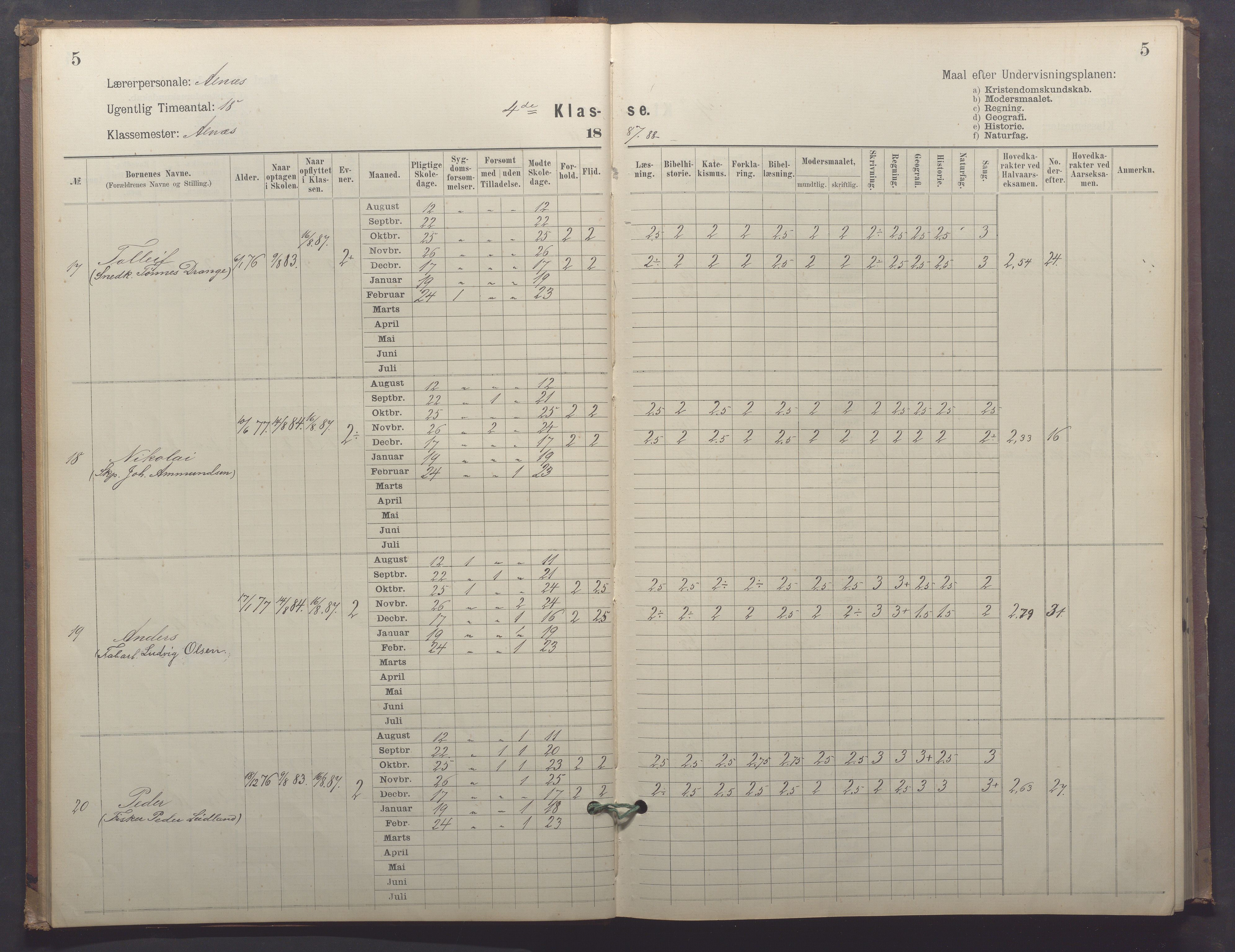 Egersund kommune (Ladested) - Egersund almueskole/folkeskole, IKAR/K-100521/H/L0025: Skoleprotokoll - Almueskolen, 4. klasse, 1887-1892, p. 5