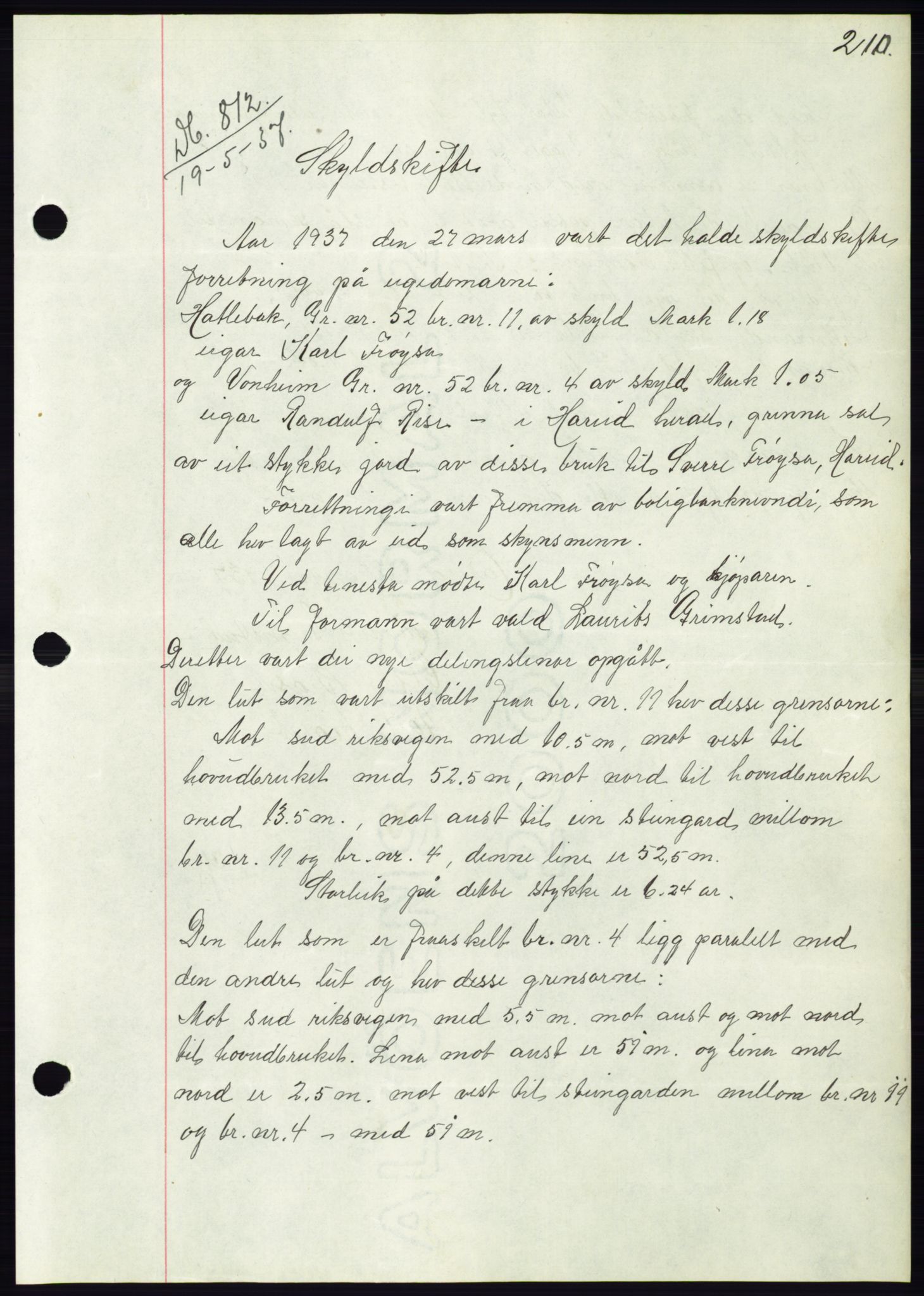 Søre Sunnmøre sorenskriveri, AV/SAT-A-4122/1/2/2C/L0063: Mortgage book no. 57, 1937-1937, Diary no: : 812/1937