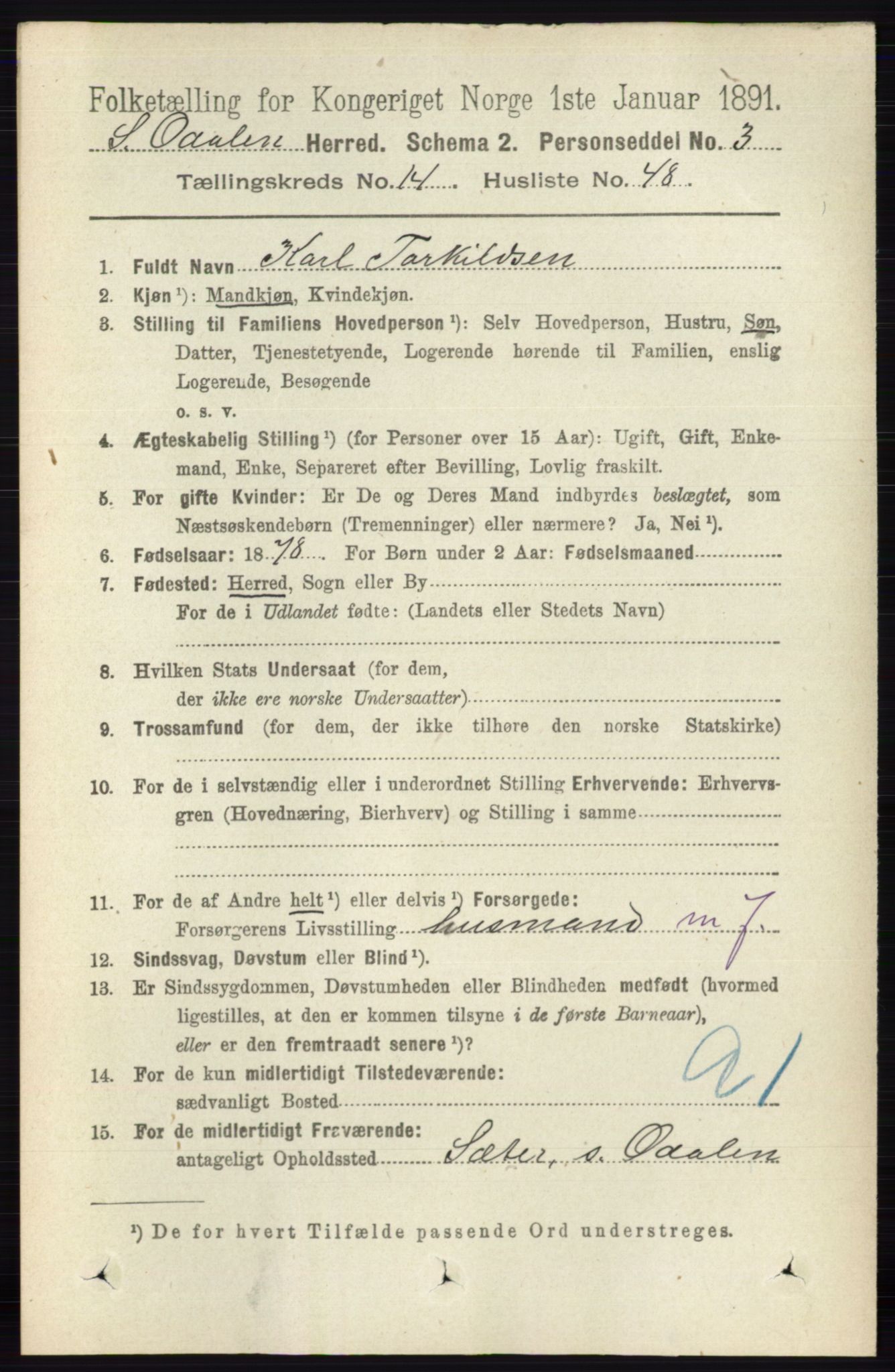 RA, 1891 census for 0419 Sør-Odal, 1891, p. 6335