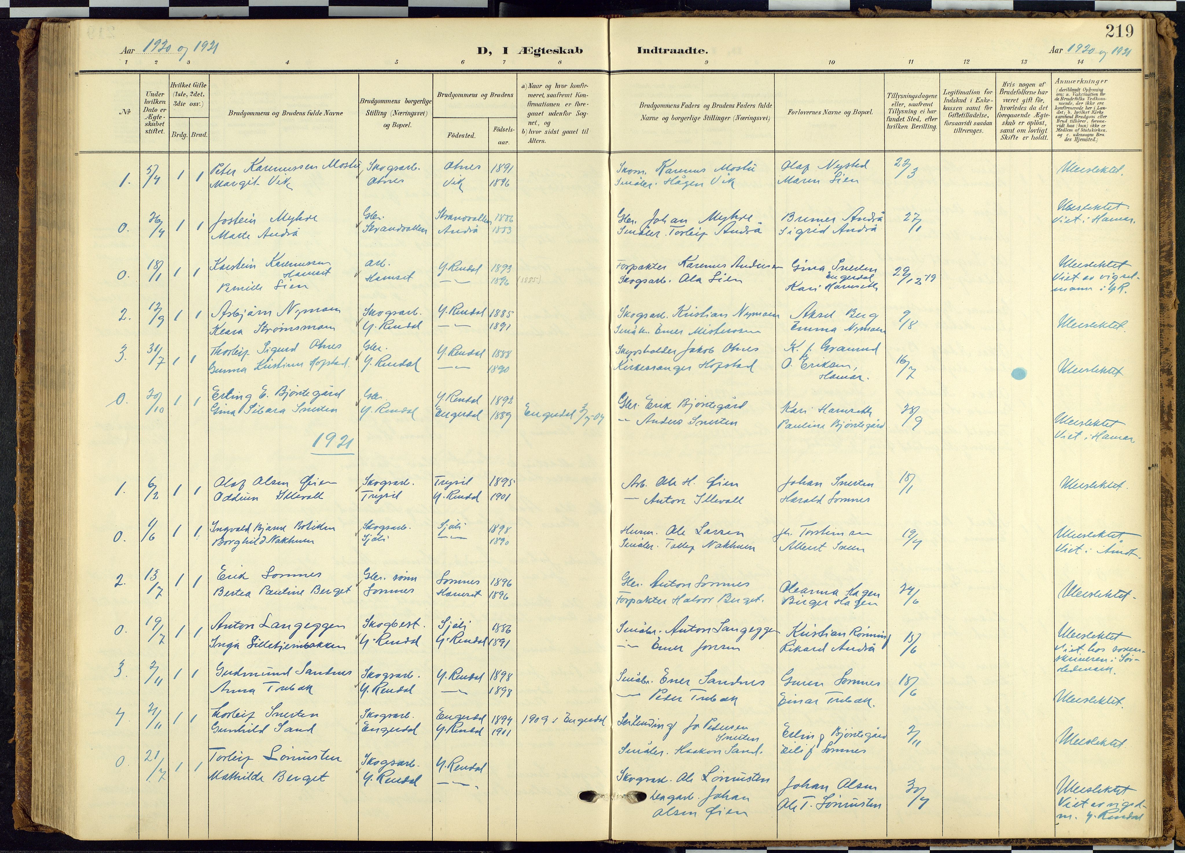 Rendalen prestekontor, SAH/PREST-054/H/Ha/Hab/L0010: Parish register (copy) no. 10, 1903-1940, p. 219