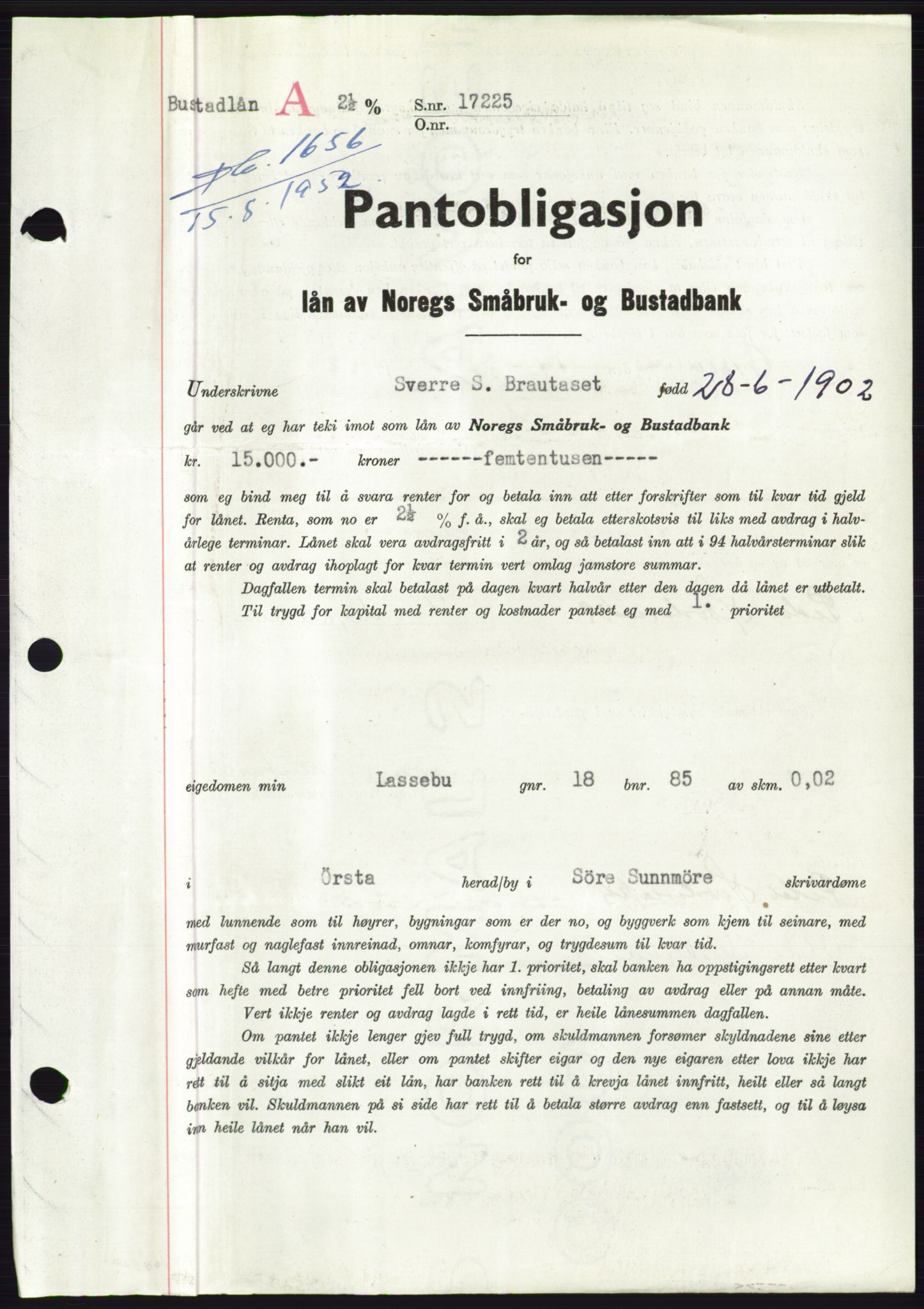 Søre Sunnmøre sorenskriveri, AV/SAT-A-4122/1/2/2C/L0121: Mortgage book no. 9B, 1951-1952, Diary no: : 1656/1952