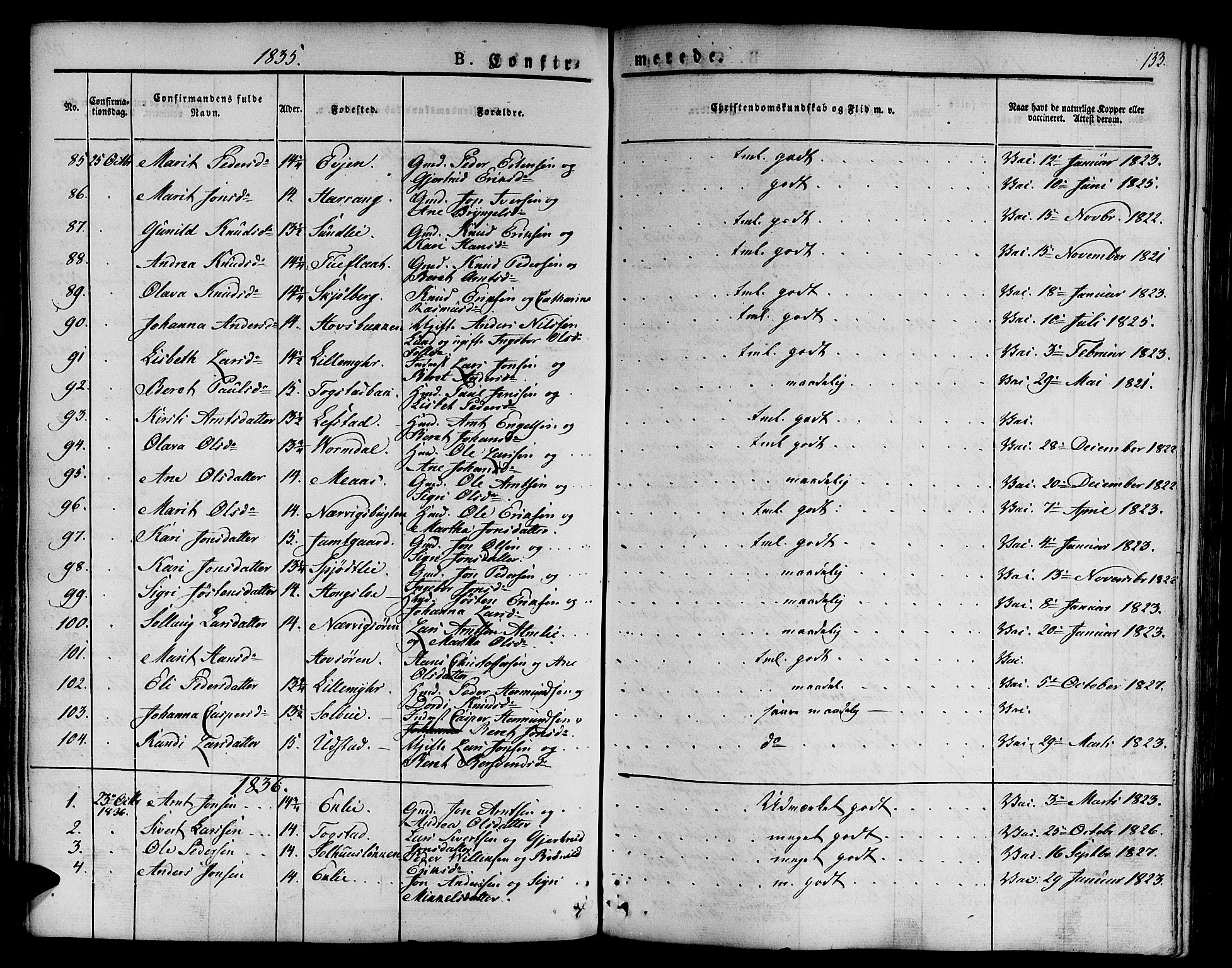 Ministerialprotokoller, klokkerbøker og fødselsregistre - Sør-Trøndelag, SAT/A-1456/668/L0804: Parish register (official) no. 668A04, 1826-1839, p. 133