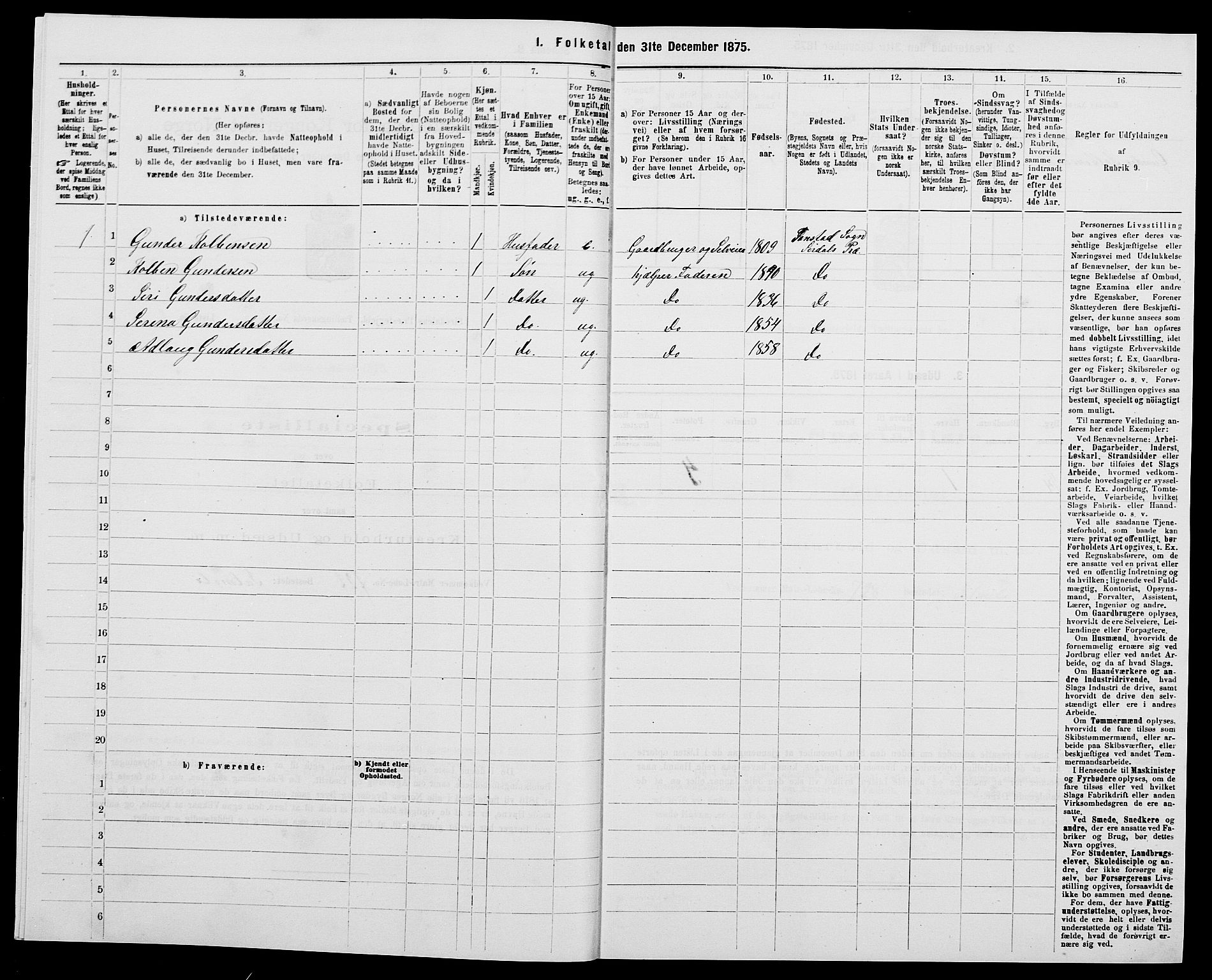 SAK, 1875 census for 1046P Sirdal, 1875, p. 44