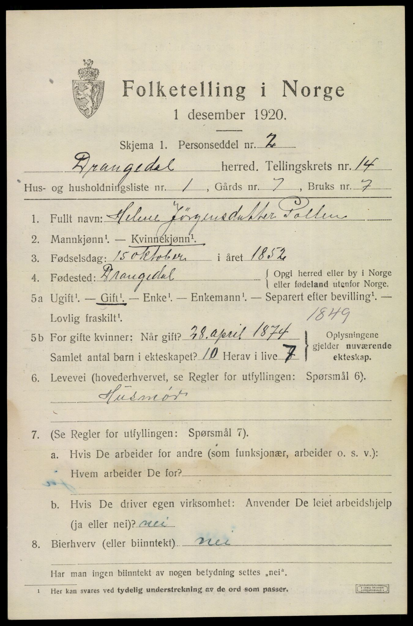 SAKO, 1920 census for Drangedal, 1920, p. 7489