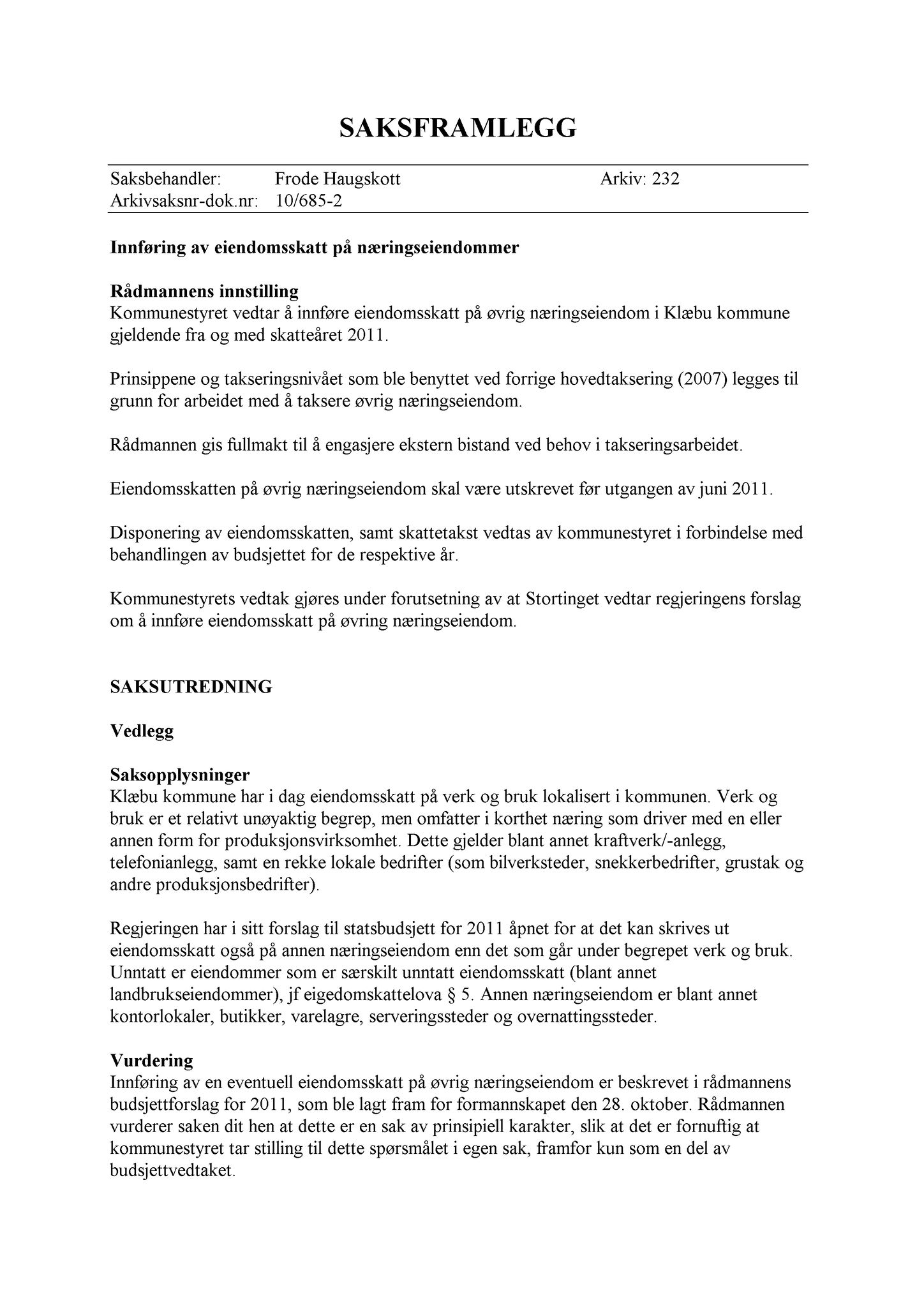 Klæbu Kommune, TRKO/KK/01-KS/L003: Kommunestyret - Møtedokumenter, 2010, p. 1205