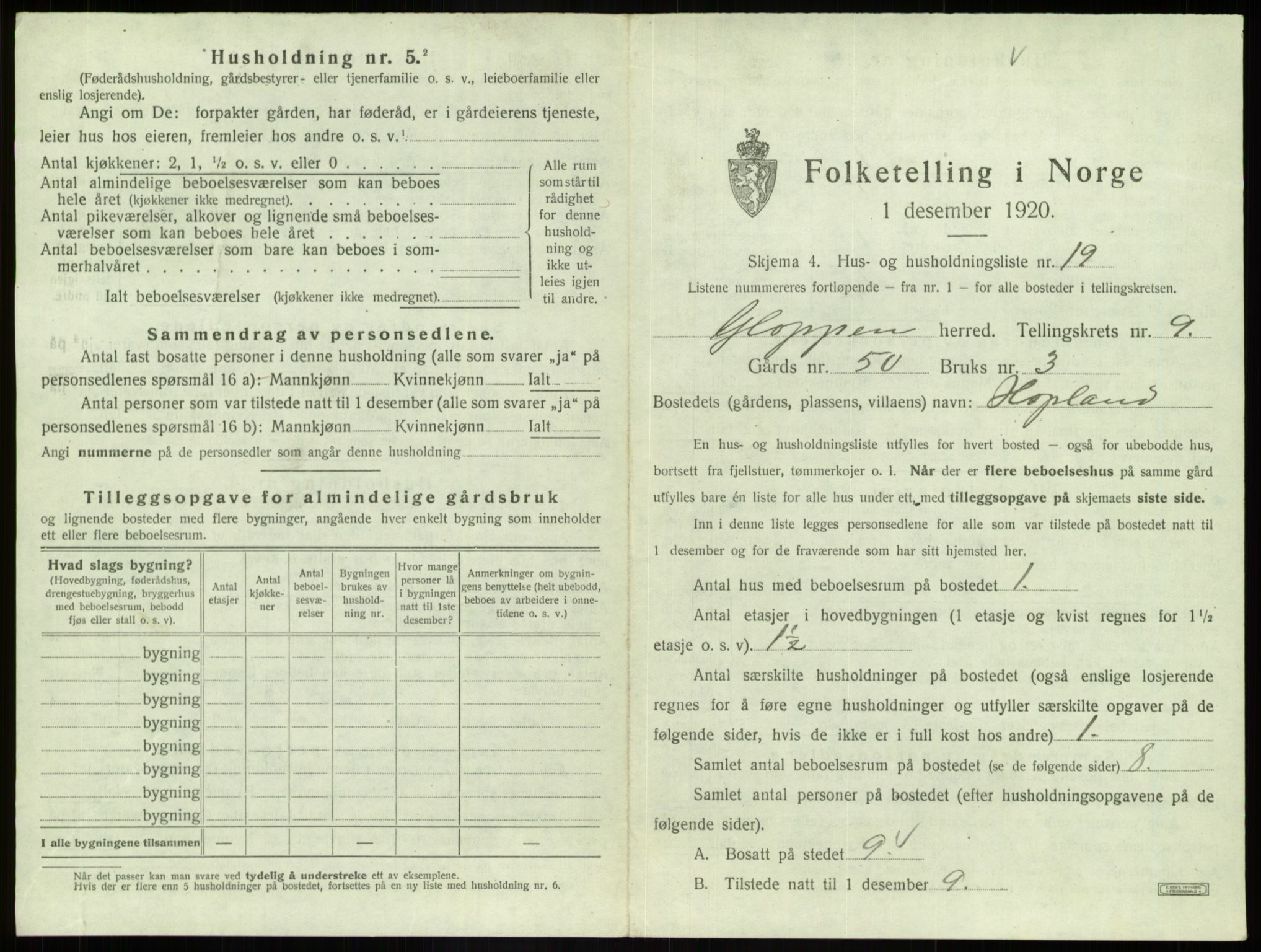 SAB, 1920 census for Gloppen, 1920, p. 647