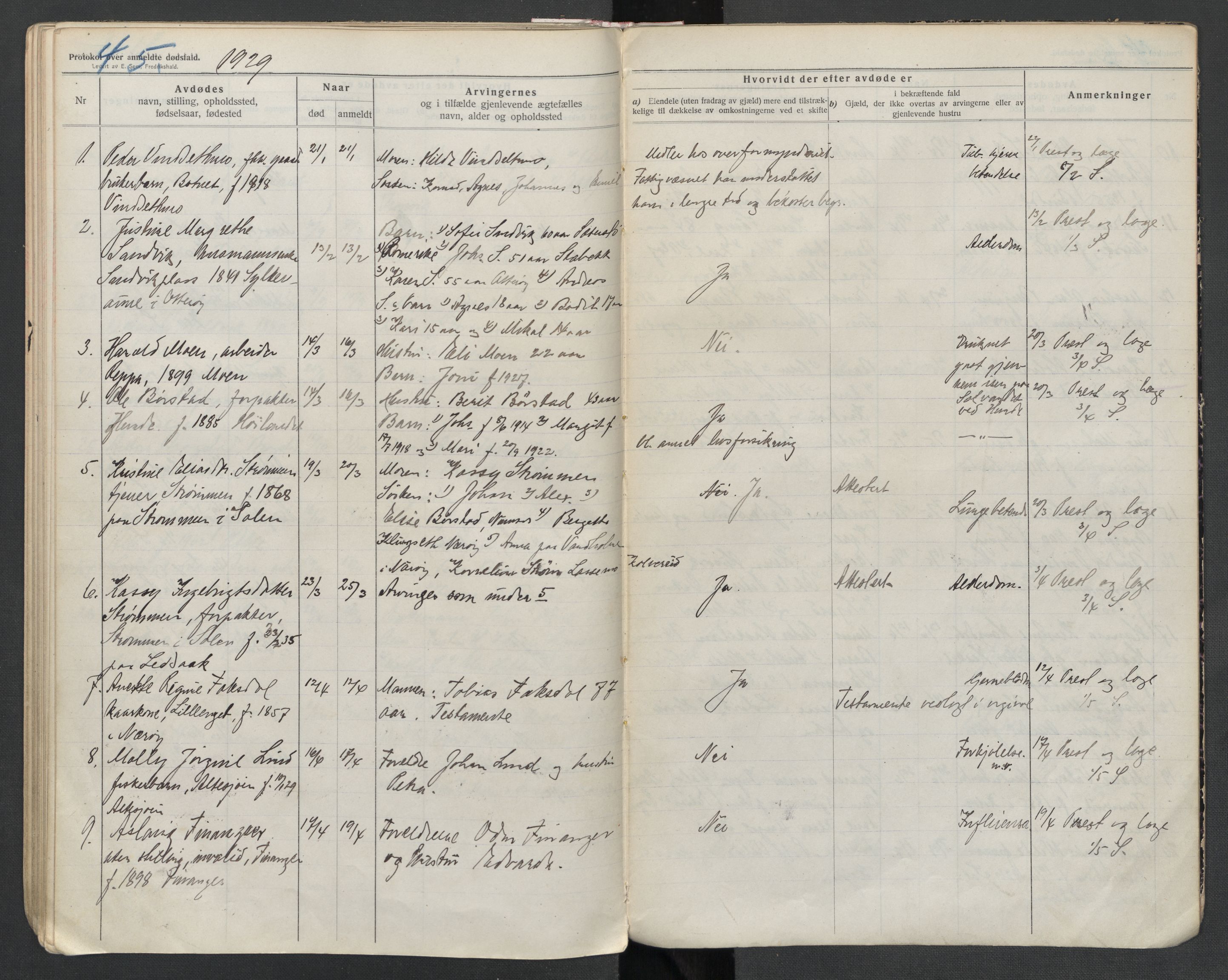 Fosnes lensmannskontor , SAT/A-1022/1/02/L0003: 2.01.03 Døsfallsjournal, 1916-1930, p. 45