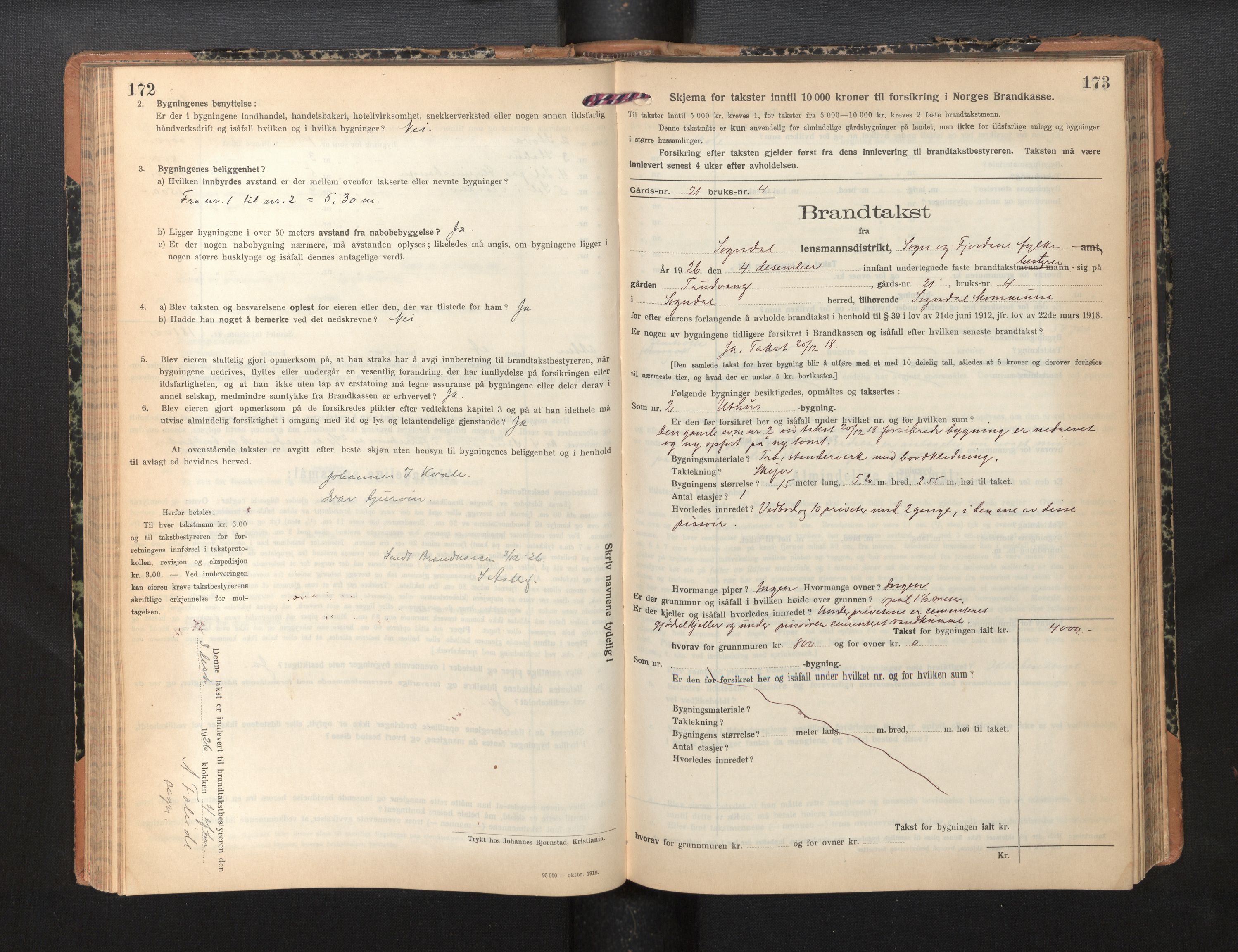 Lensmannen i Sogndal, AV/SAB-A-29901/0012/L0012: Branntakstprotokoll, skjematakst, 1922-1931, p. 172-173