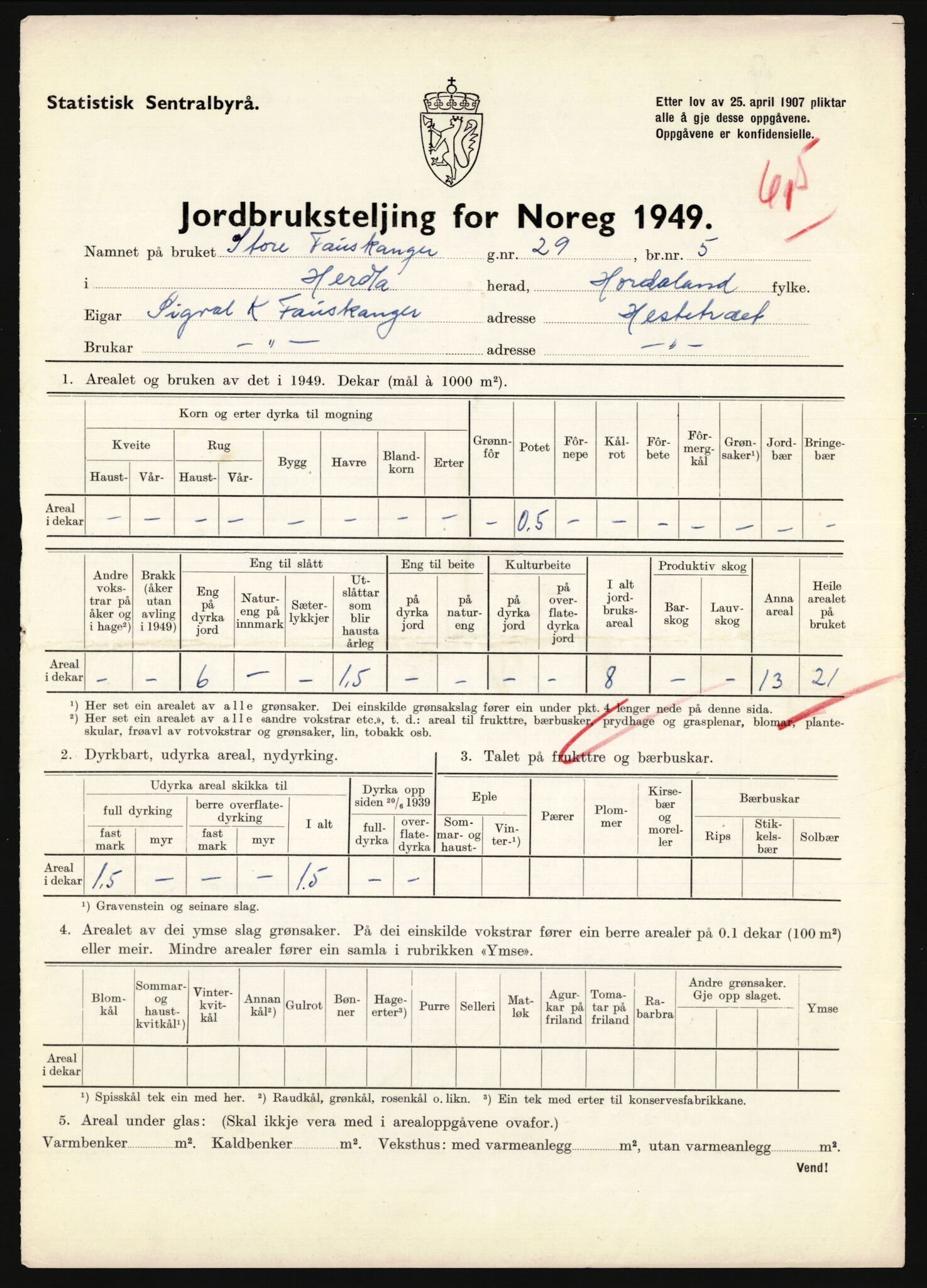 Statistisk sentralbyrå, Næringsøkonomiske emner, Jordbruk, skogbruk, jakt, fiske og fangst, AV/RA-S-2234/G/Gc/L0276: Hordaland: Herdla og Hjelme, 1949, p. 356