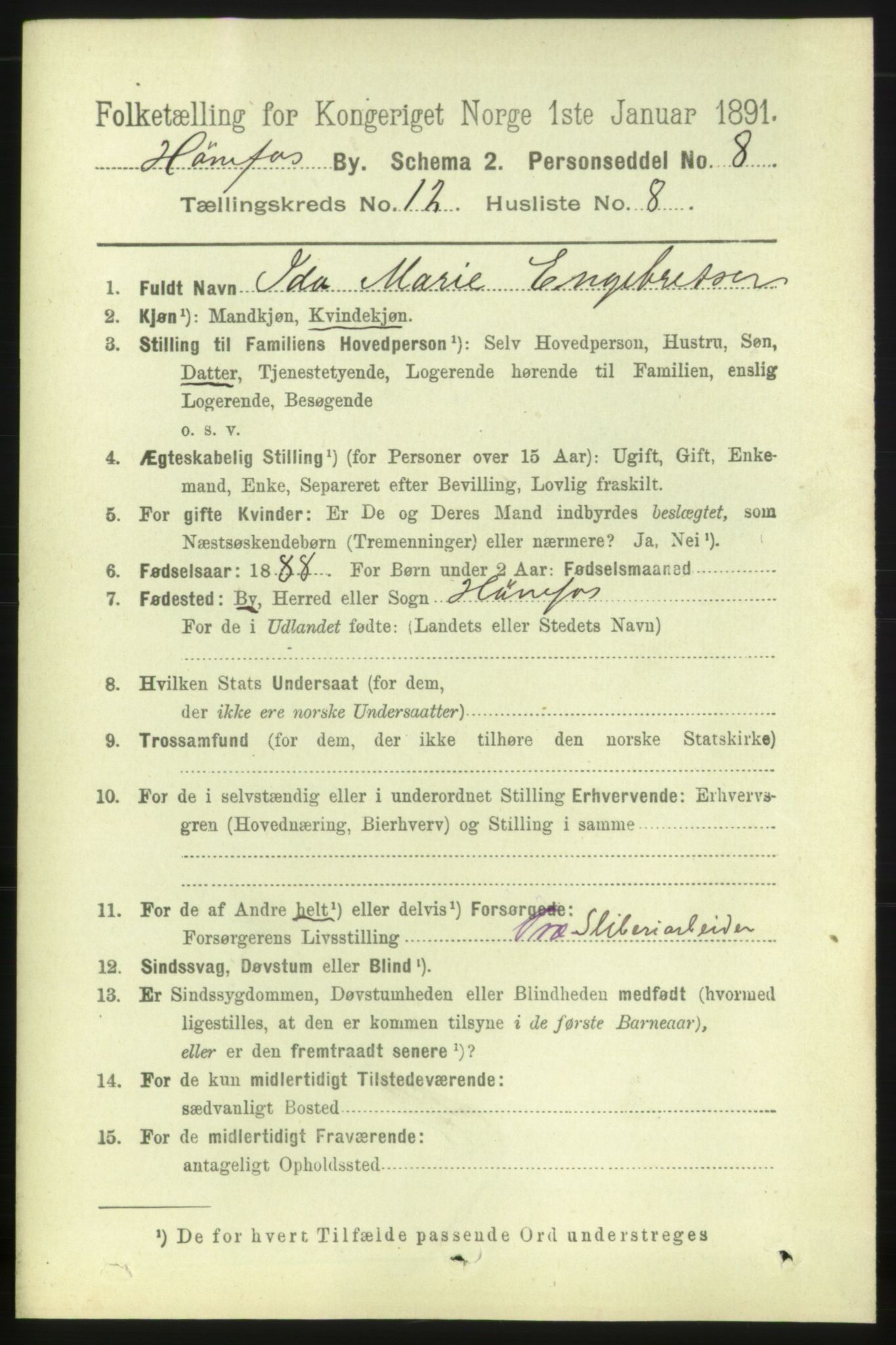 RA, 1891 census for 0601 Hønefoss, 1891, p. 1607