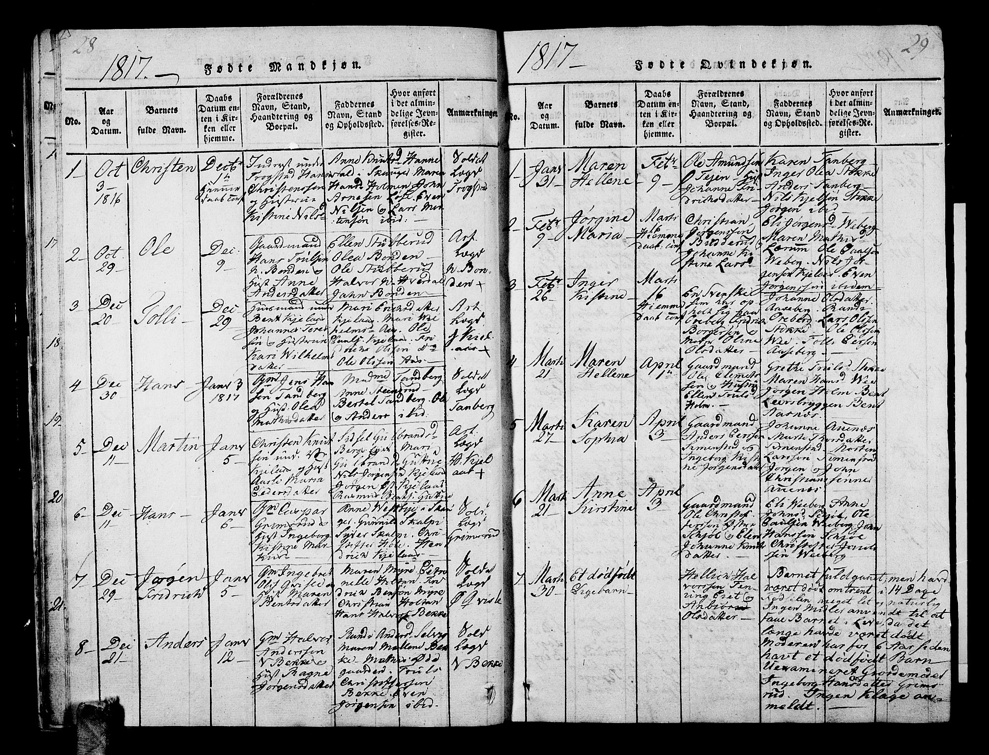Sande Kirkebøker, AV/SAKO-A-53/G/Ga/L0001: Parish register (copy) no. 1, 1814-1847, p. 28-29