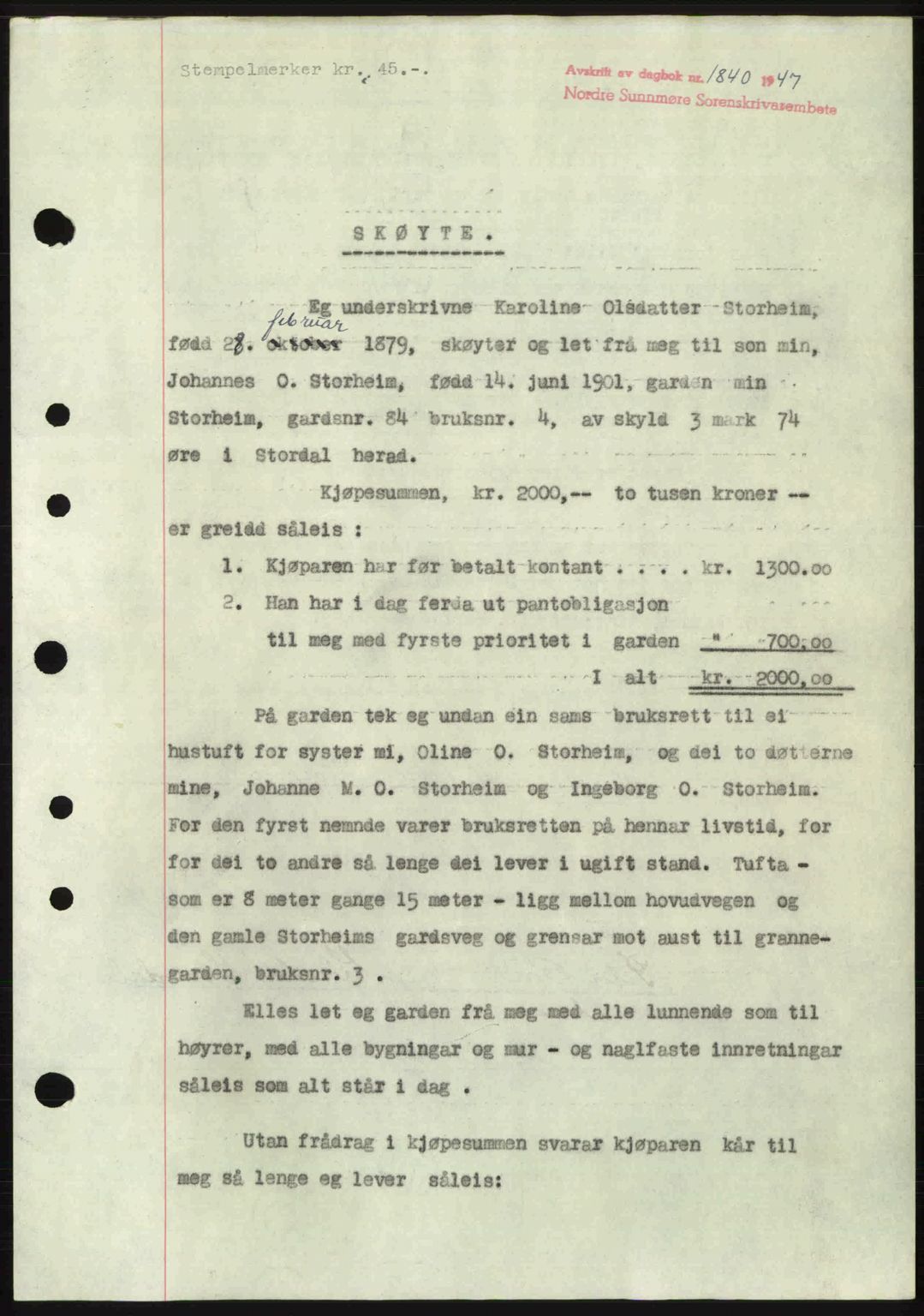 Nordre Sunnmøre sorenskriveri, AV/SAT-A-0006/1/2/2C/2Ca: Mortgage book no. A25, 1947-1947, Diary no: : 1840/1947