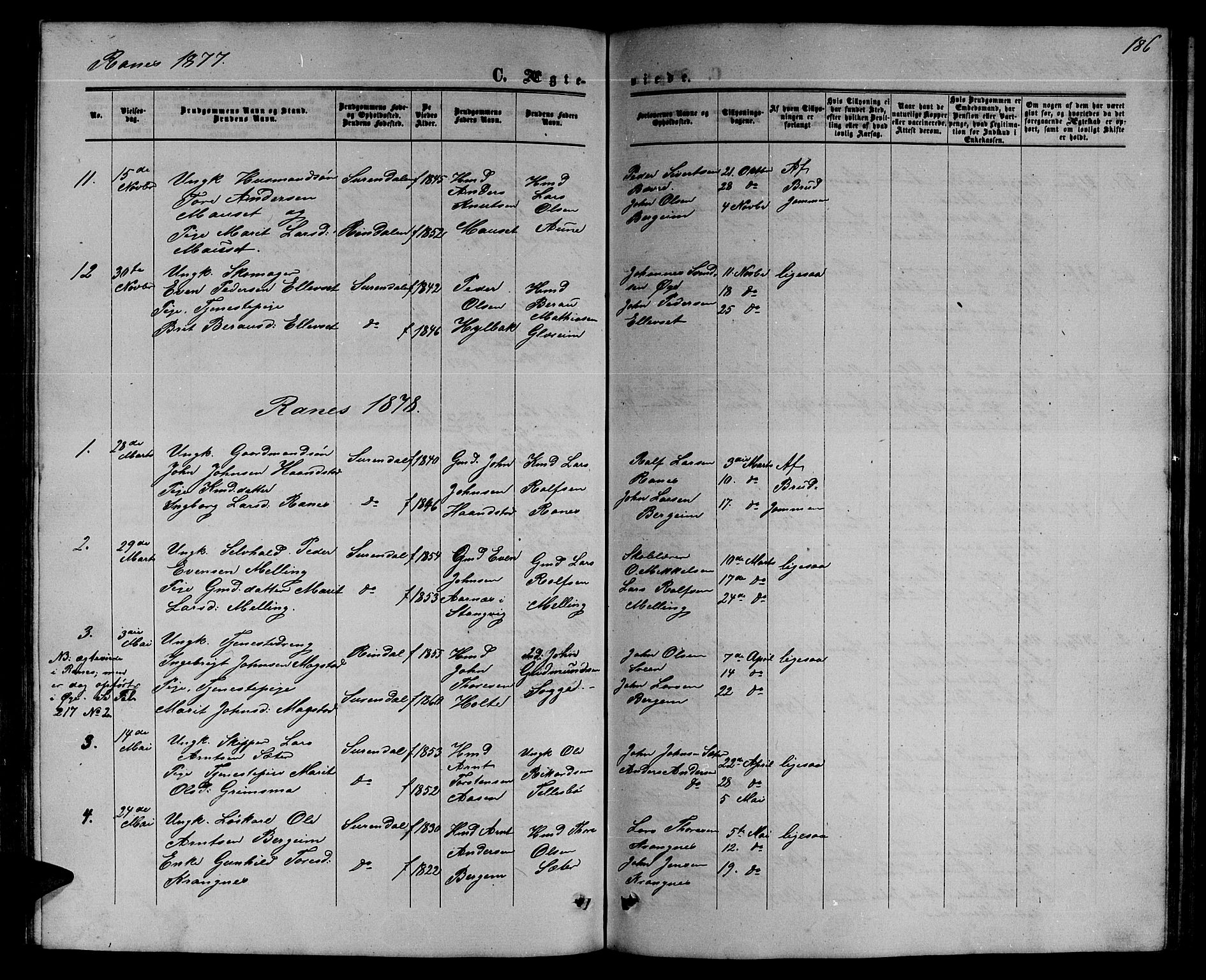 Ministerialprotokoller, klokkerbøker og fødselsregistre - Møre og Romsdal, AV/SAT-A-1454/595/L1051: Parish register (copy) no. 595C03, 1866-1891, p. 186