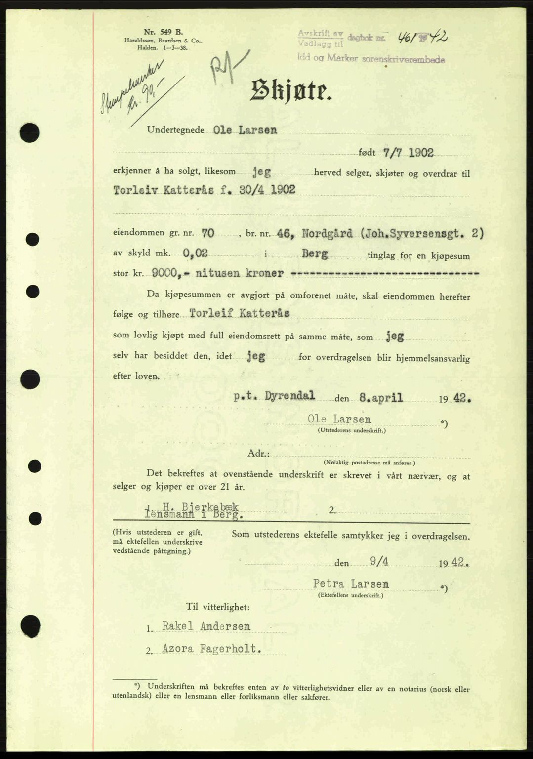 Idd og Marker sorenskriveri, AV/SAO-A-10283/G/Gb/Gbb/L0005: Mortgage book no. A5, 1941-1943, Diary no: : 461/1942