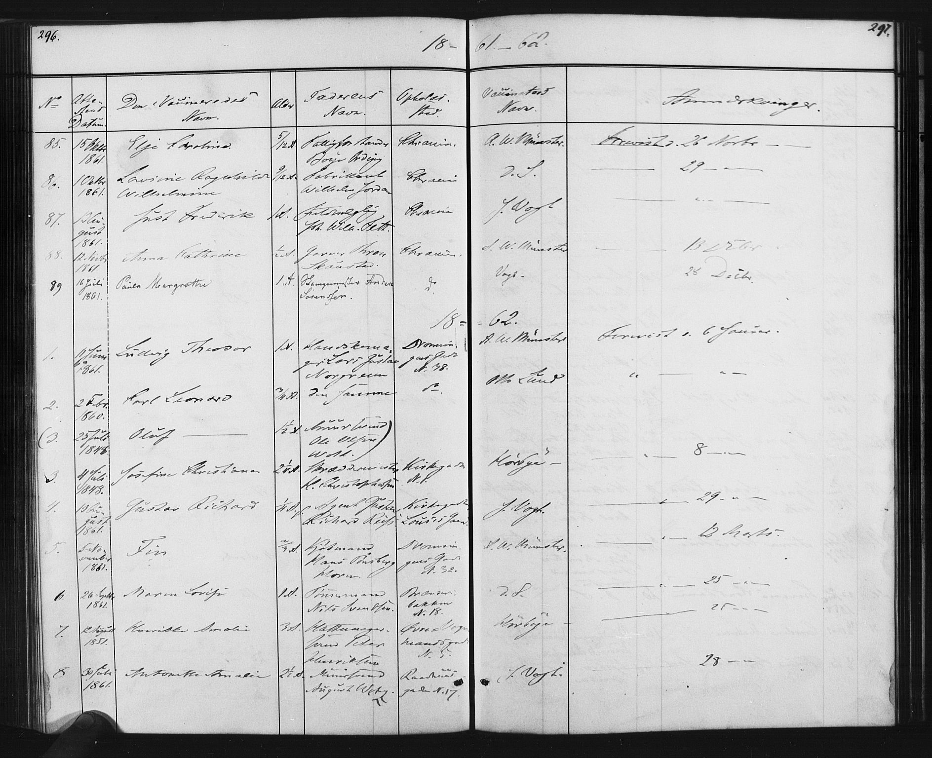 Oslo domkirke Kirkebøker, AV/SAO-A-10752/L/Lb/L0001: Vaccination register no. 1, 1843-1868, p. 296-297