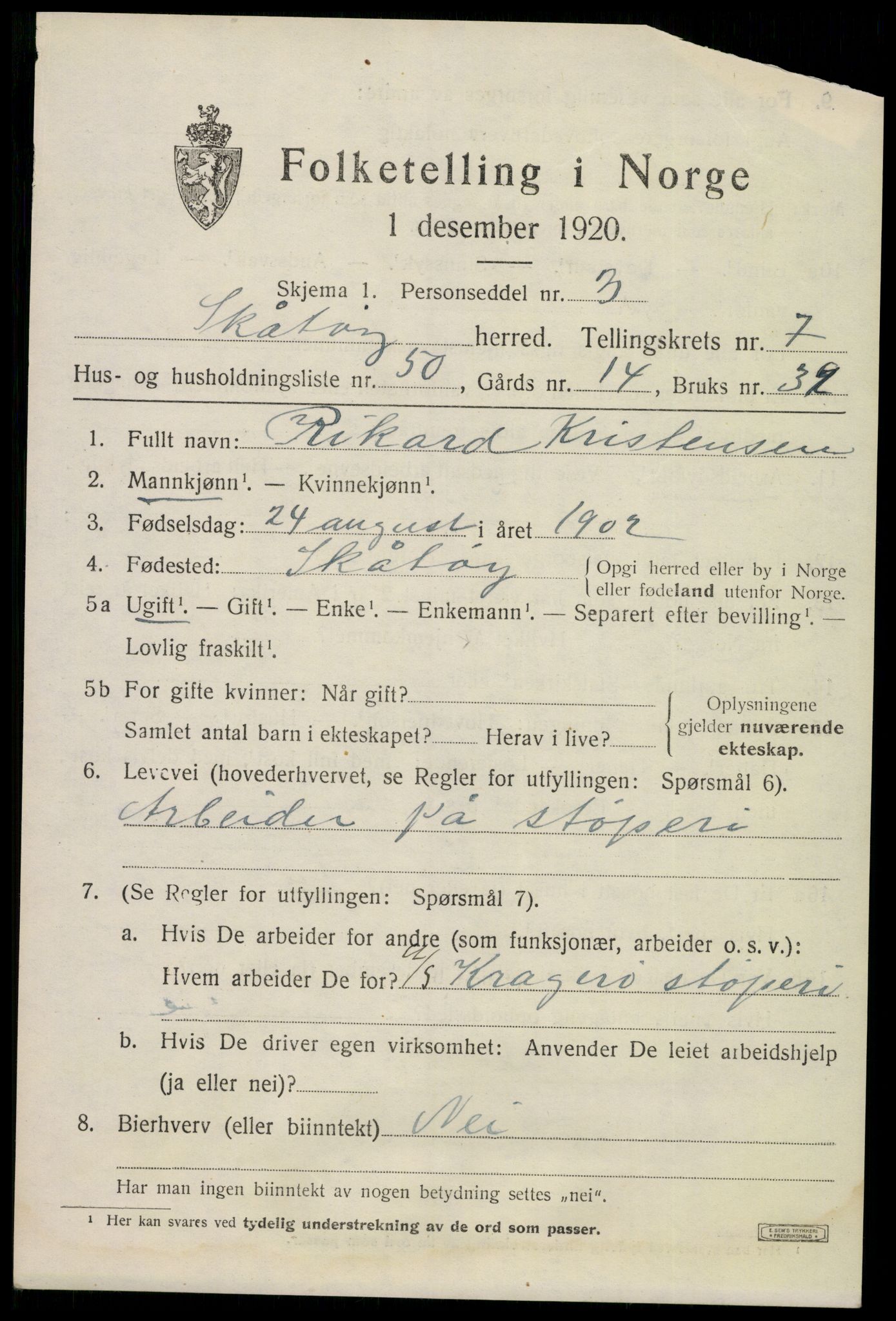 SAKO, 1920 census for Skåtøy, 1920, p. 5862