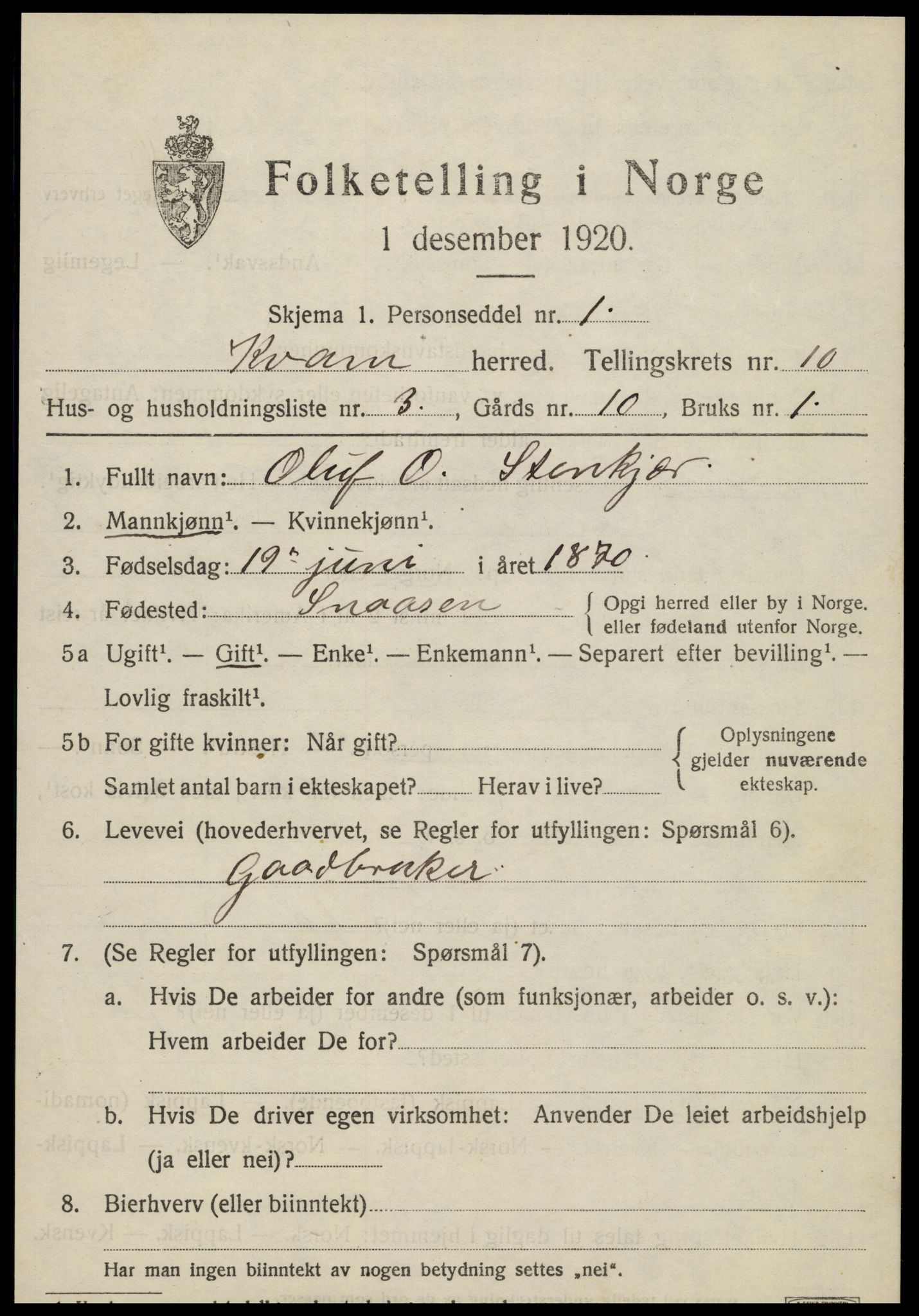 SAT, 1920 census for Kvam, 1920, p. 2529