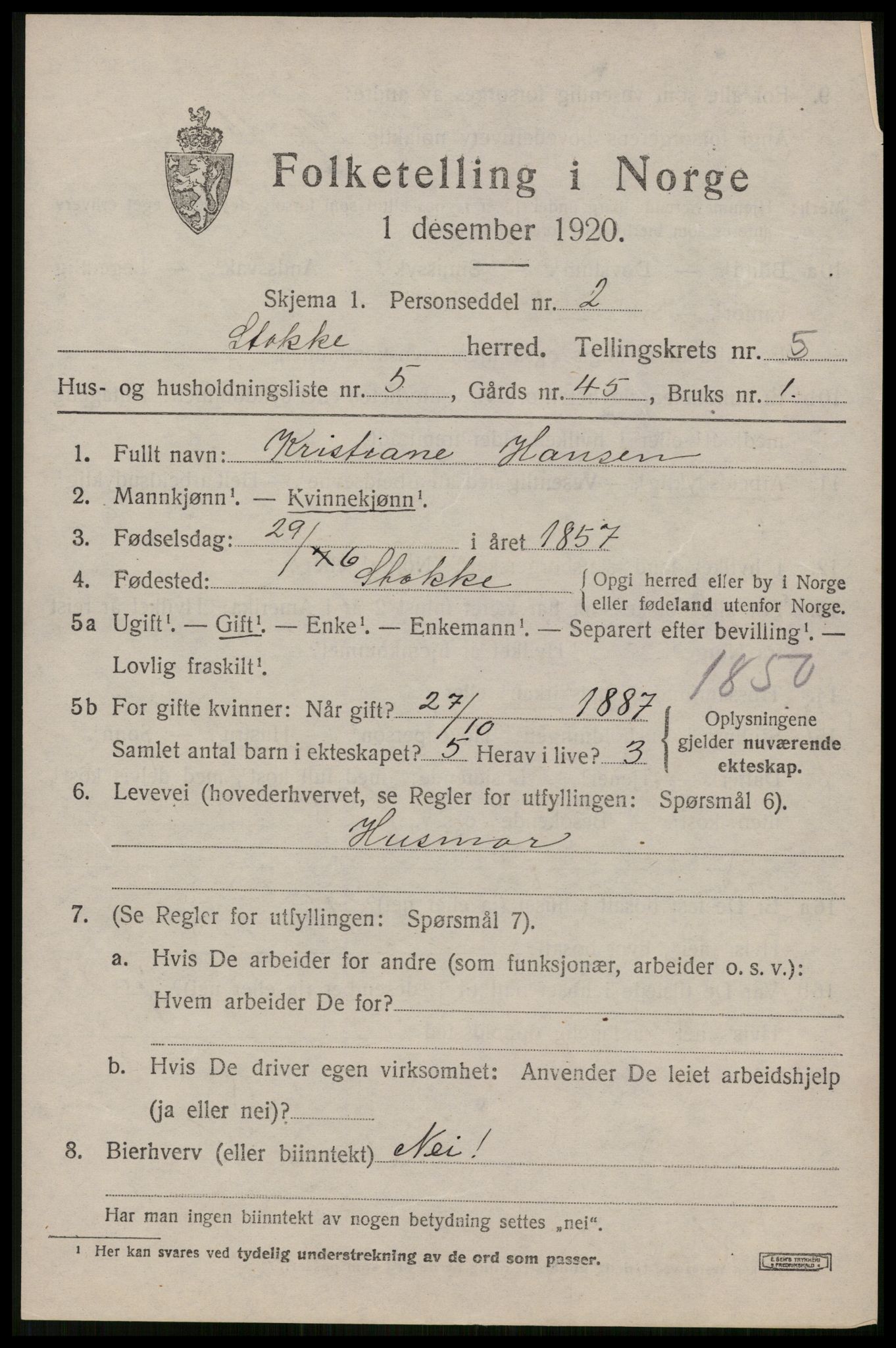 SAKO, 1920 census for Stokke, 1920, p. 6770