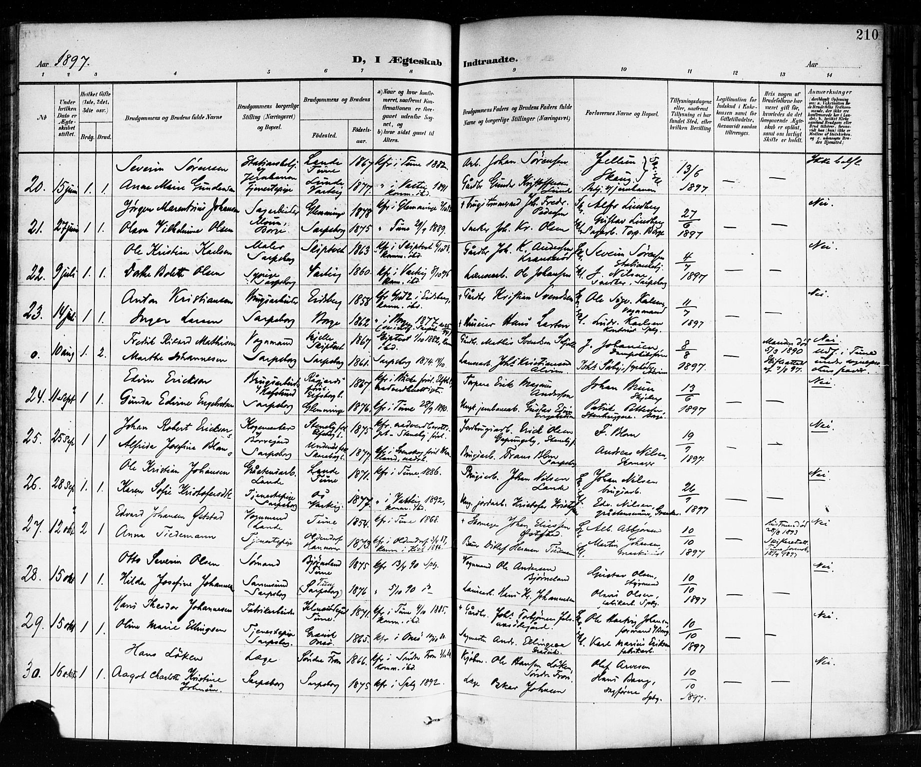 Sarpsborg prestekontor Kirkebøker, AV/SAO-A-2006/F/Fa/L0004: Parish register (official) no. 4, 1892-1899, p. 210