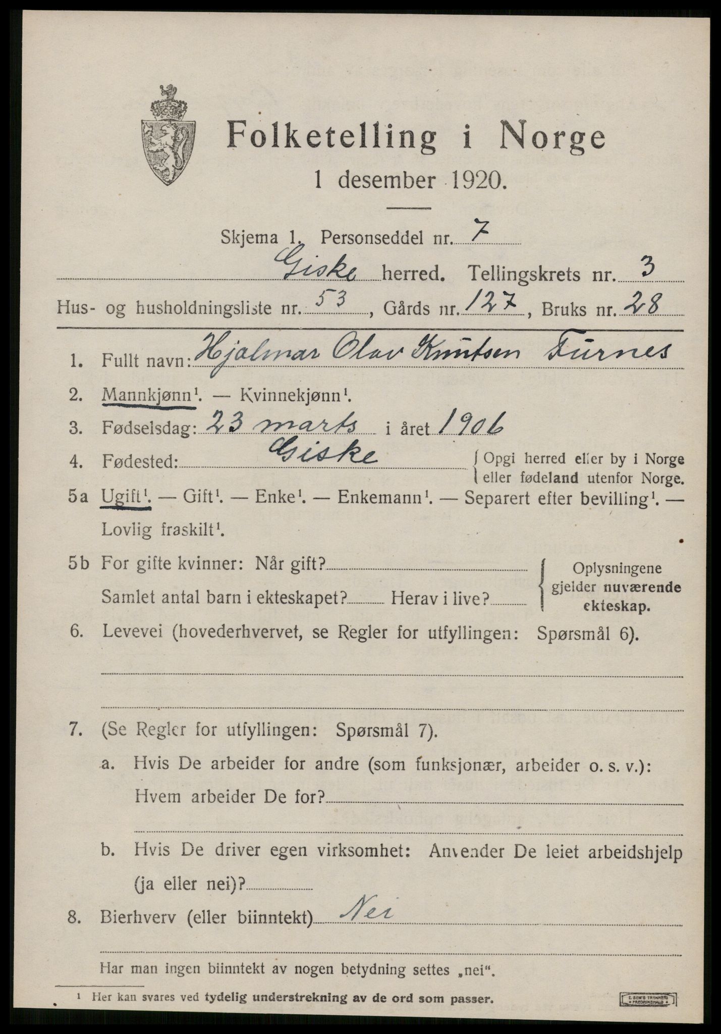 SAT, 1920 census for Giske, 1920, p. 2578