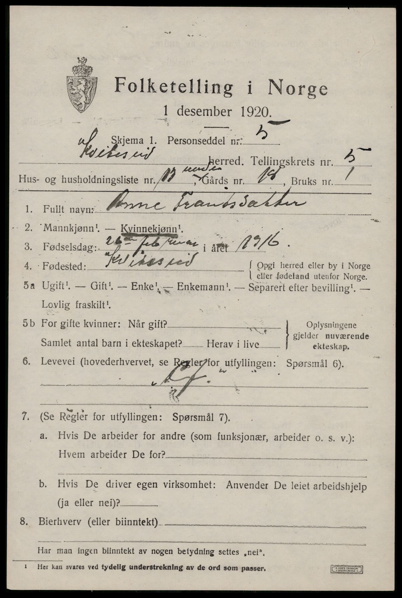 SAKO, 1920 census for Kviteseid, 1920, p. 2975