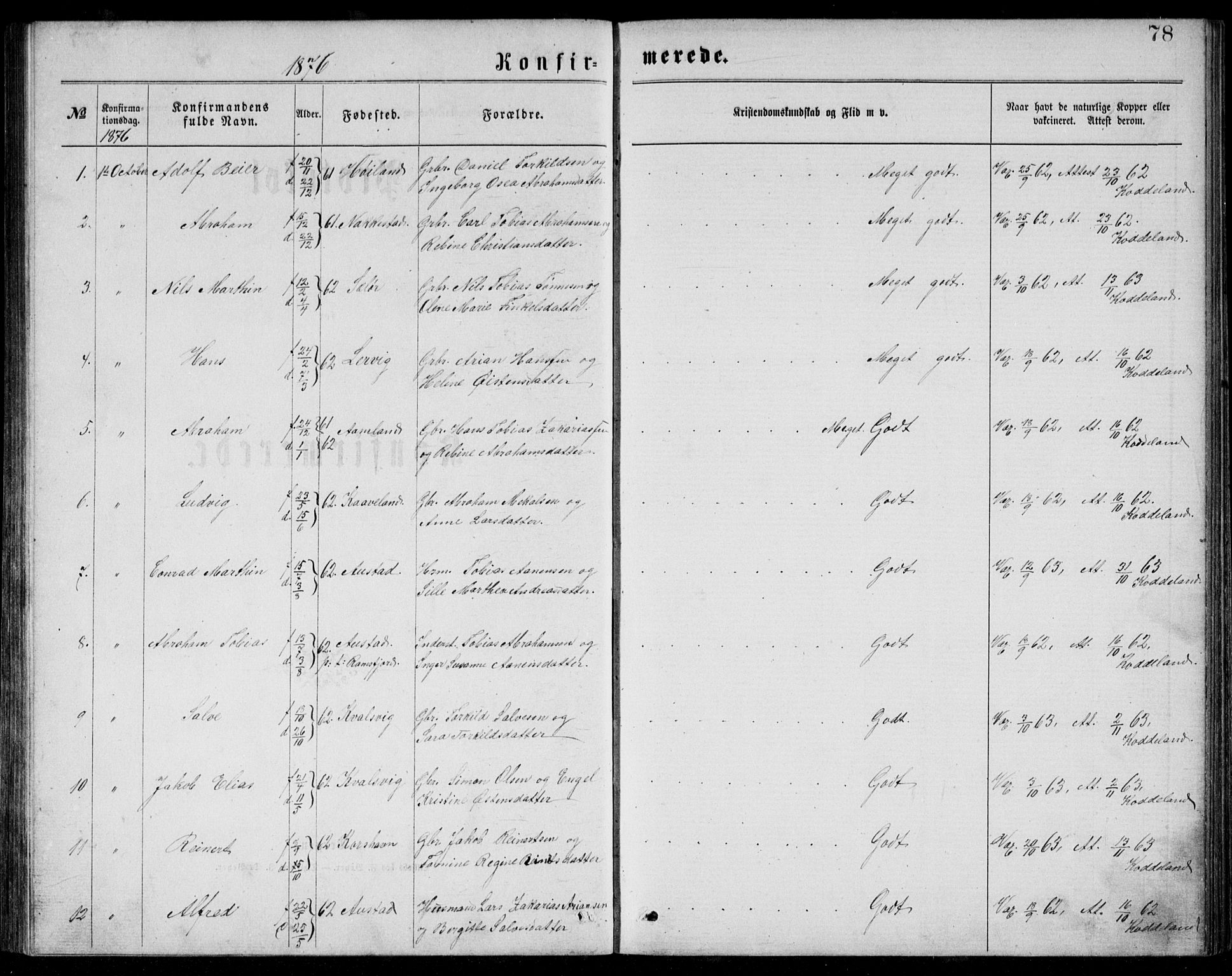 Lyngdal sokneprestkontor, AV/SAK-1111-0029/F/Fb/Fba/L0002: Parish register (copy) no. B 2, 1876-1886, p. 78