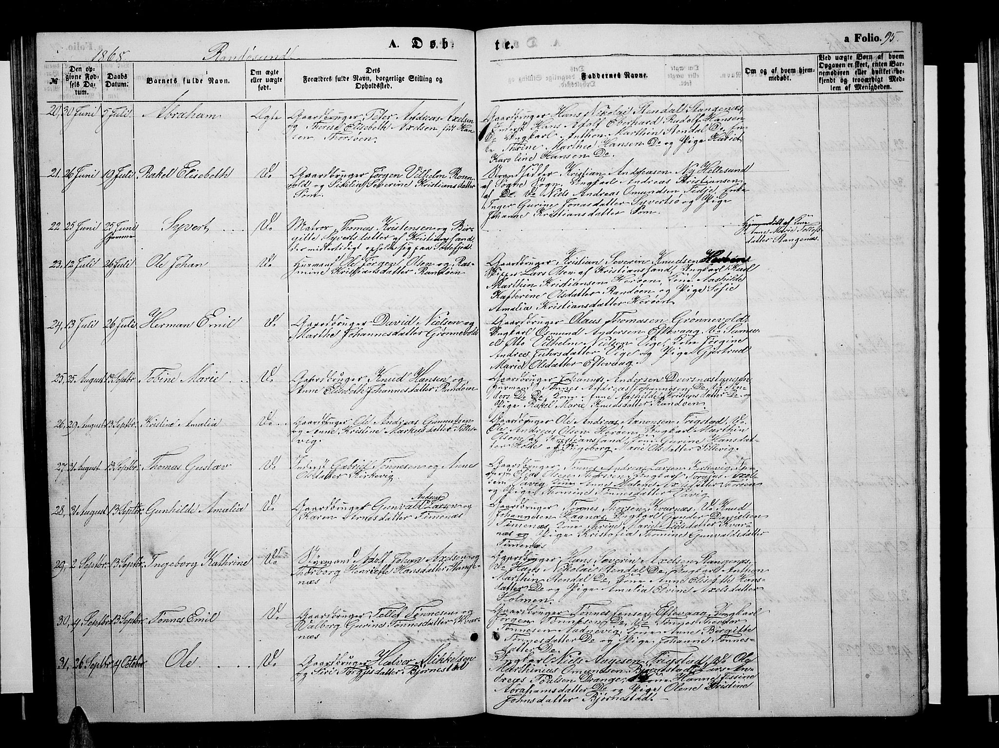 Oddernes sokneprestkontor, SAK/1111-0033/F/Fb/Fba/L0006: Parish register (copy) no. B 6 /2, 1865-1869, p. 95