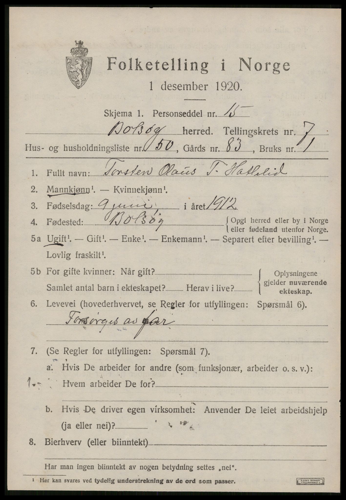 SAT, 1920 census for Bolsøy, 1920, p. 9605