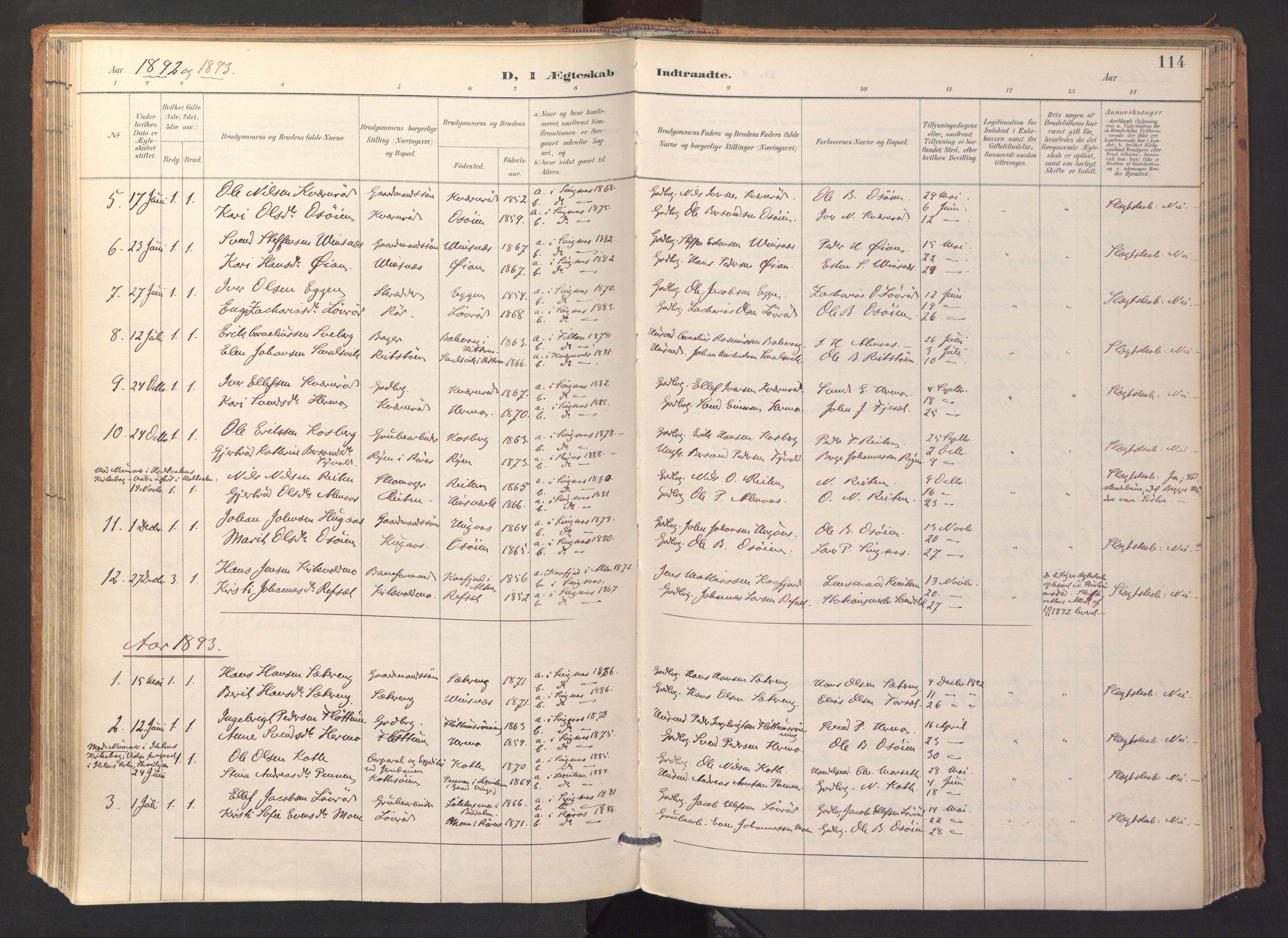 Ministerialprotokoller, klokkerbøker og fødselsregistre - Sør-Trøndelag, SAT/A-1456/688/L1025: Parish register (official) no. 688A02, 1891-1909, p. 114