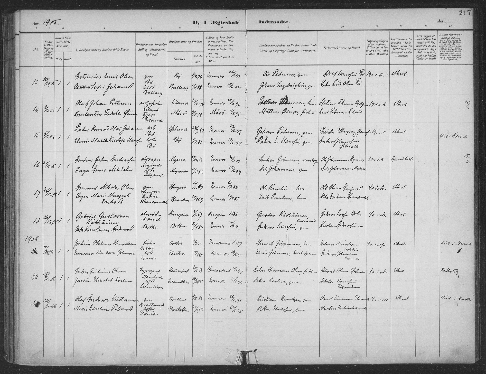 Ministerialprotokoller, klokkerbøker og fødselsregistre - Nordland, SAT/A-1459/863/L0899: Parish register (official) no. 863A11, 1897-1906, p. 217